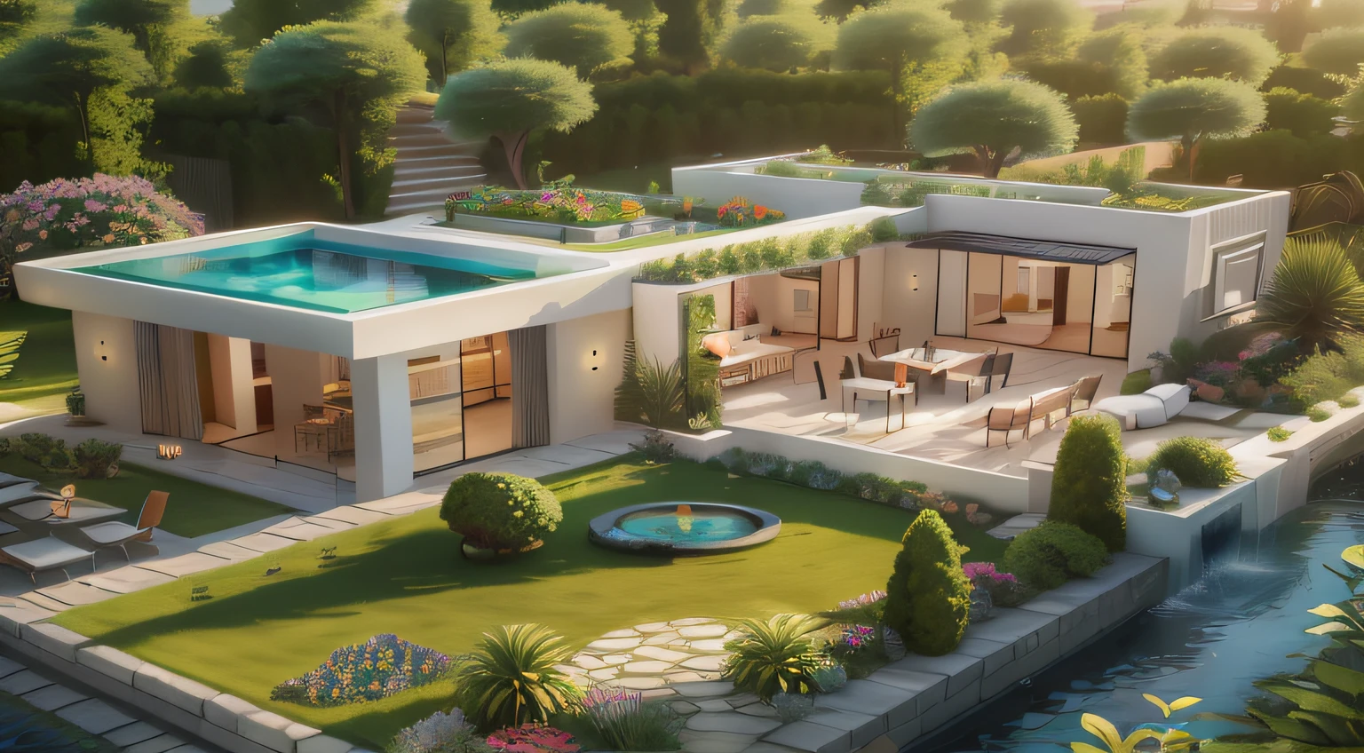 Modern single storey superior villa , trpical garden, lawns, There is a fountain in the middle, and the sun was shining brightly, the detail, 4K, k hd, high high quality.