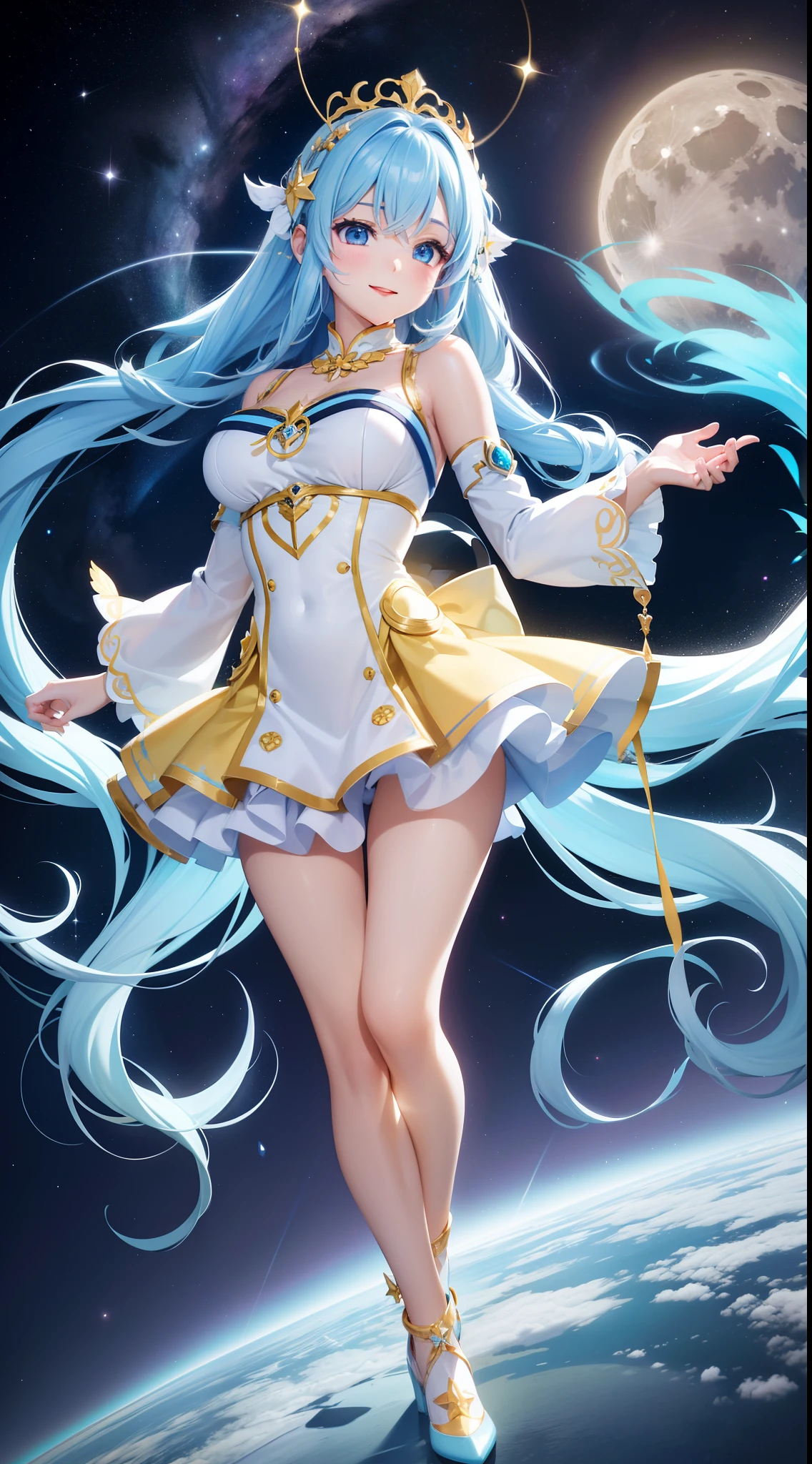 Super Idol a beauty girl A charming smile sky blue hair length hair Twin-tailed Sexy outfit with glowing bright yellow and white skin visible Mystical Fantasia constellation a moon Crystal Brilliance Aurora Borealis in the Night Sky