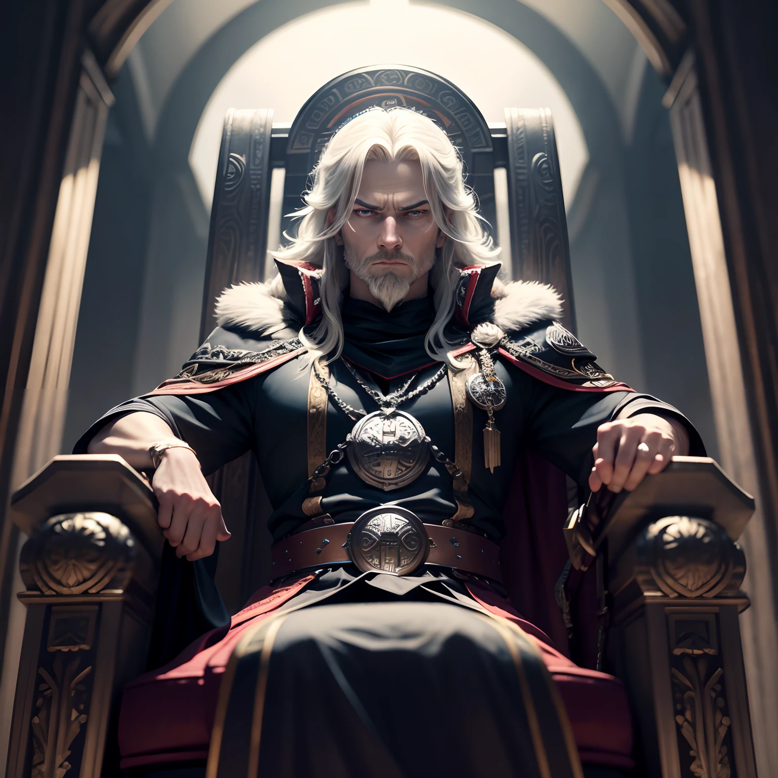 Odin imposing ultra details sitting on the throne looking at me holding his with very sinister features