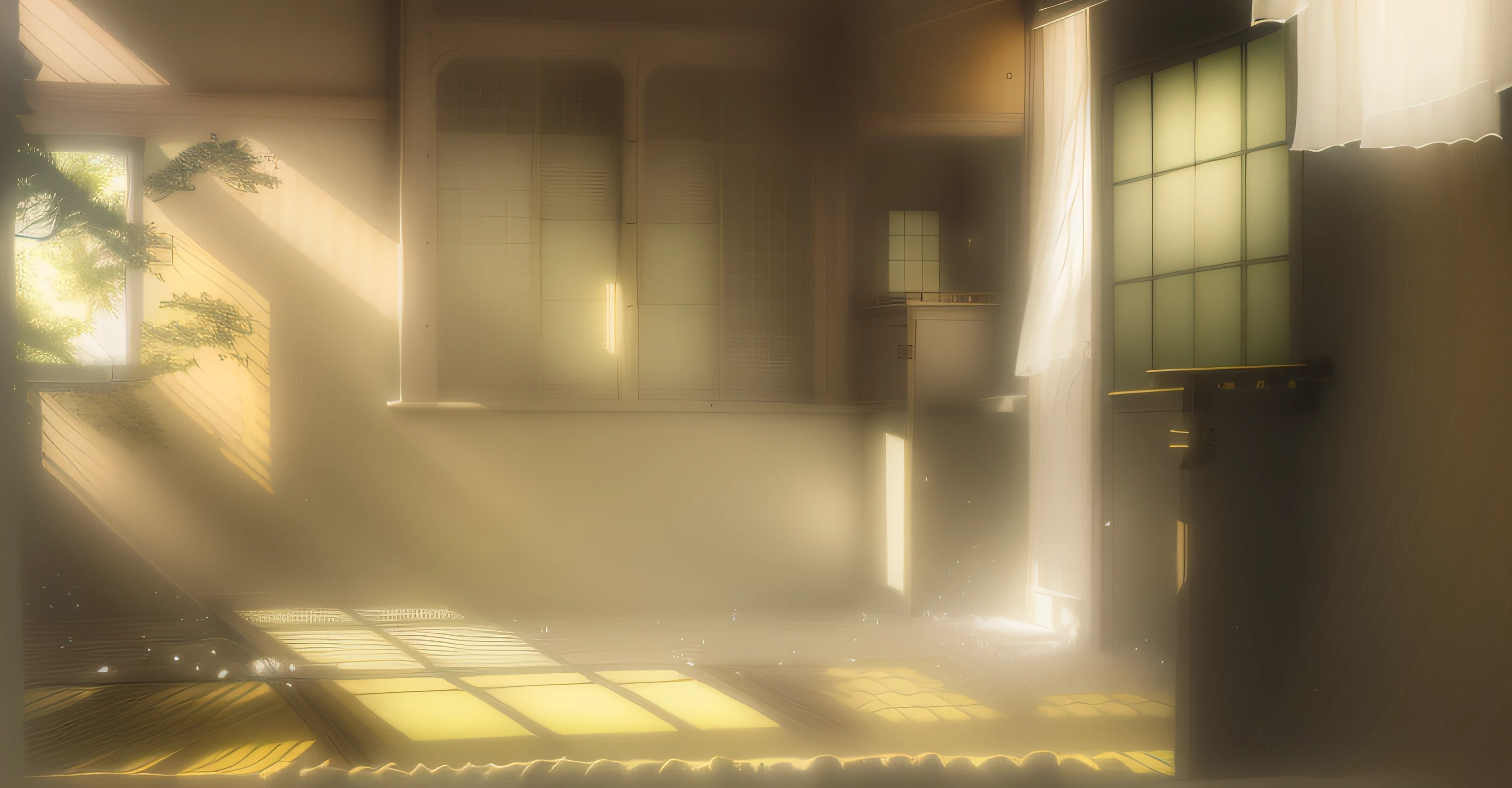 There are rooms with windows and doors and window frames, light coming through the window, light coming through the window, sunlight streaming through window, In the hallway of a Japan school, Wide open windows, Natural light outside, Large windows, natural light in room, Sunlight streaming through the window, inspired by Itō Jakuchū