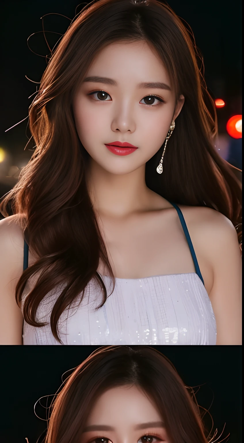 top-quality。8K-Picture。Ultra-high pixel。The background is the city at night。girl with。hair is long and slightly wavy,,,,,,,,,,,,,,,,,,,,,,,,,,,,,,,,,,,,,,,,,,。The color is dark brown。Glamour style、((huge-breasted:1.8))。wearing red dress、Photos dancing brilliantly。Delicate finish overall。The body line is gorgeous。legs are long、Wear red high heels。((Hair shines like a reflection of the street。The eyeball reflects the surrounding landscape。The skin is wet with night dew))。Almost perfect woman。((time々In close-up of the upper body))。The second highlighted part々I want you to express it in close-ups。