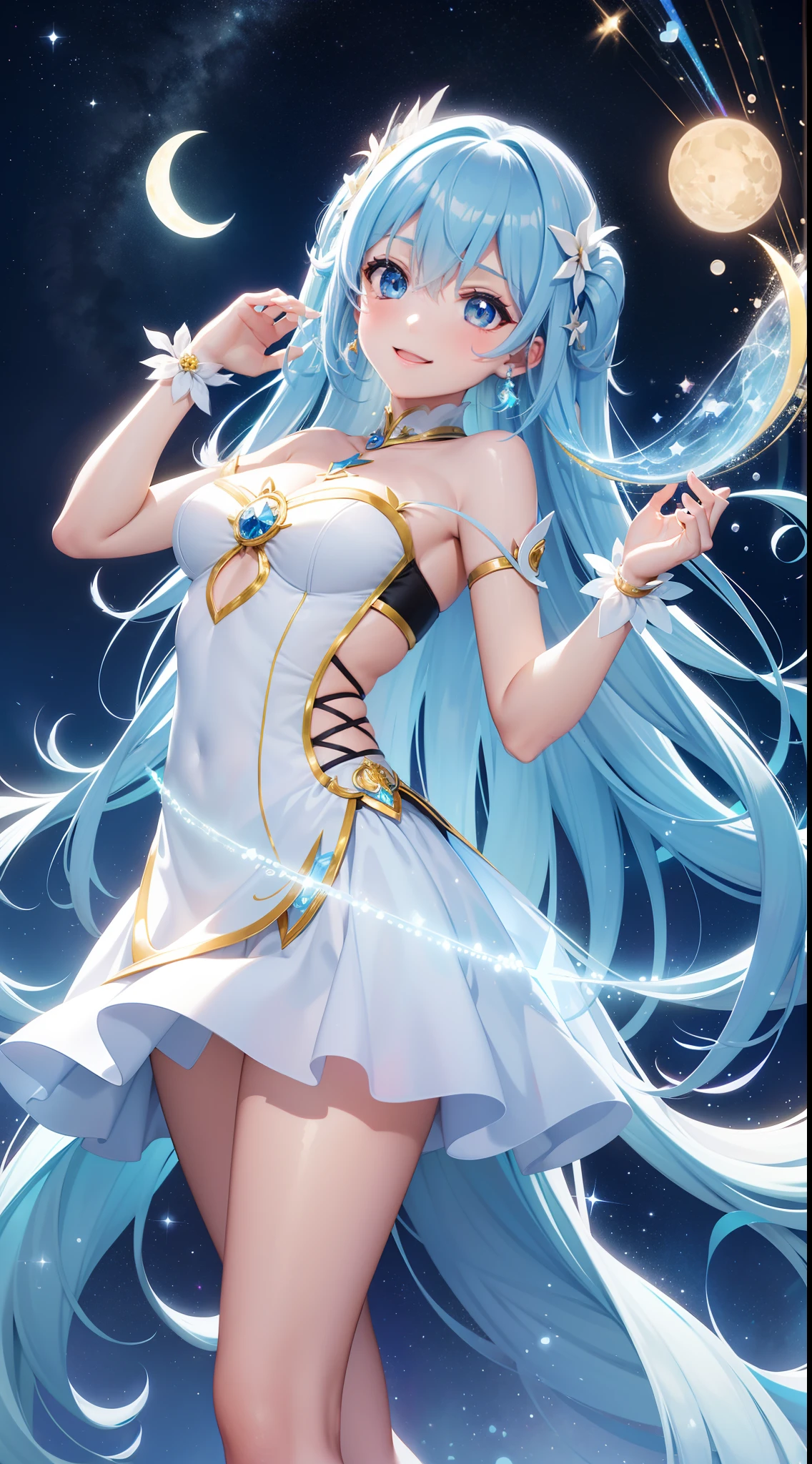 top-quality、Full limbs、complete fingers、One beautiful woman、Beautiful breasts、adorable smiling、Twin-tailed、Light blue long hair、Woman in figure skating dress with colorful pattern、Flesh-colored pantyhose、adorable smiling、Ice rink、Packed figure skating arena(a picture)、7 colors of lighting illuminate the skaters