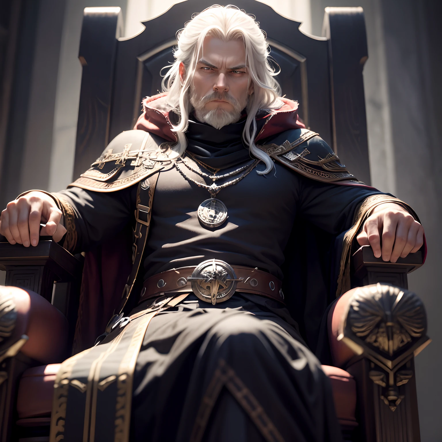 Odin imposing ultra details sitting on the throne looking at me holding his with very sinister features