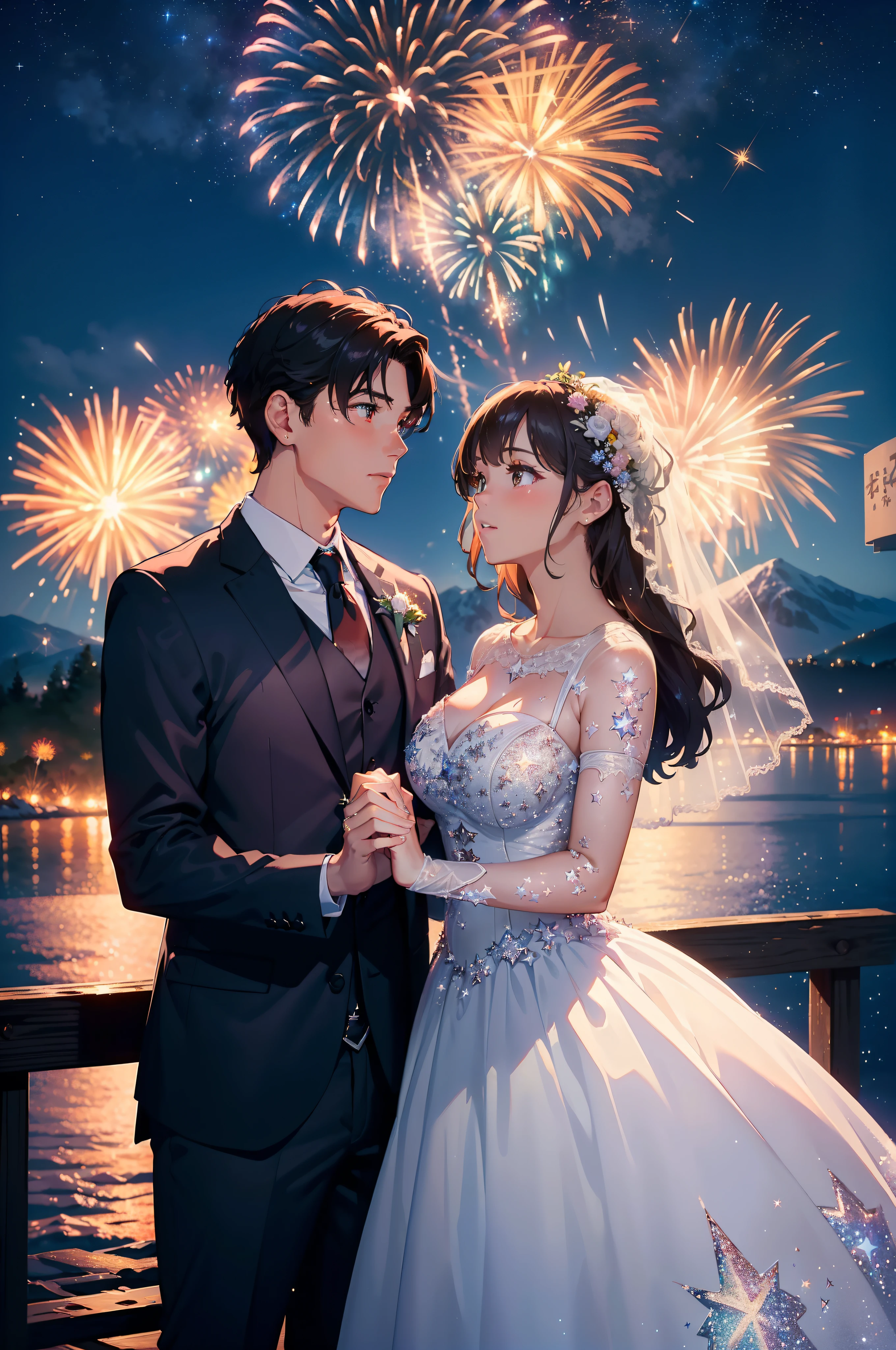 ((Best quality, A high resolution, Masterpiece:1.2)), (Romantic), (newlyweds:1), (Stargazing at the top of the mountain), (Spectacular sky fireworks display), (Colorful fireworks), (Giant fireworks), (Wedding dress), (suit), (glittering stars:1.5), Romantic couple photo, cinematic Film still from.