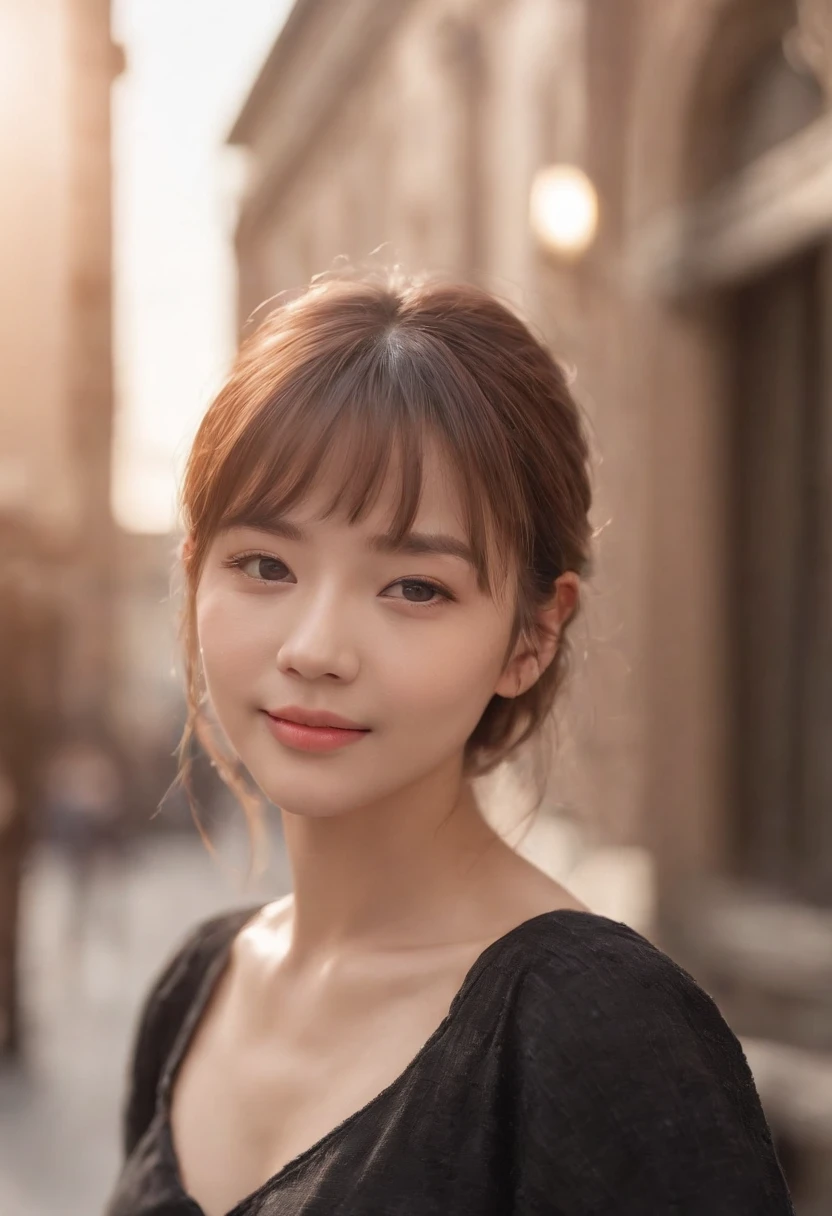 (8k, raw photo), film grain, ultra high res, ultra-detailed, (ultra skin details),incredibly absurdres, strong rim light,Asian, slim girl, seductive smile, stare, small breasts, tattoo, braided hair, blonde hair, ((light brown hair)), (photorealistic:1.3) sunlight,1girl, instagram, outdoors, (black shirt:1.2), (((city))),(extremely detailed face), (bangs),bare body