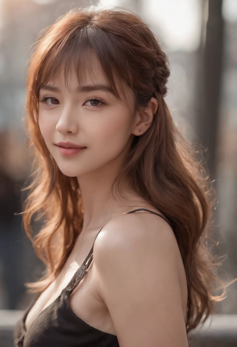 (8k, raw photo), film grain, ultra high res, ultra-detailed, (ultra skin details),incredibly absurdres, strong rim light,Asian, slim girl, seductive smile, stare, small breasts, tattoo, braided hair, blonde hair, ((light brown hair)), (photorealistic:1.3) sunlight,1girl, instagram, outdoors, (black shirt:1.2), (((city))),(extremely detailed face), (bangs),bare body