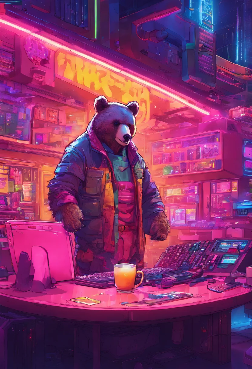 masterpiece,highquality,8K,photoreal,cinematiclight,interior, desk work, lighting, waterfall, cup, dancing cute bear, night, rice on table, machinery,