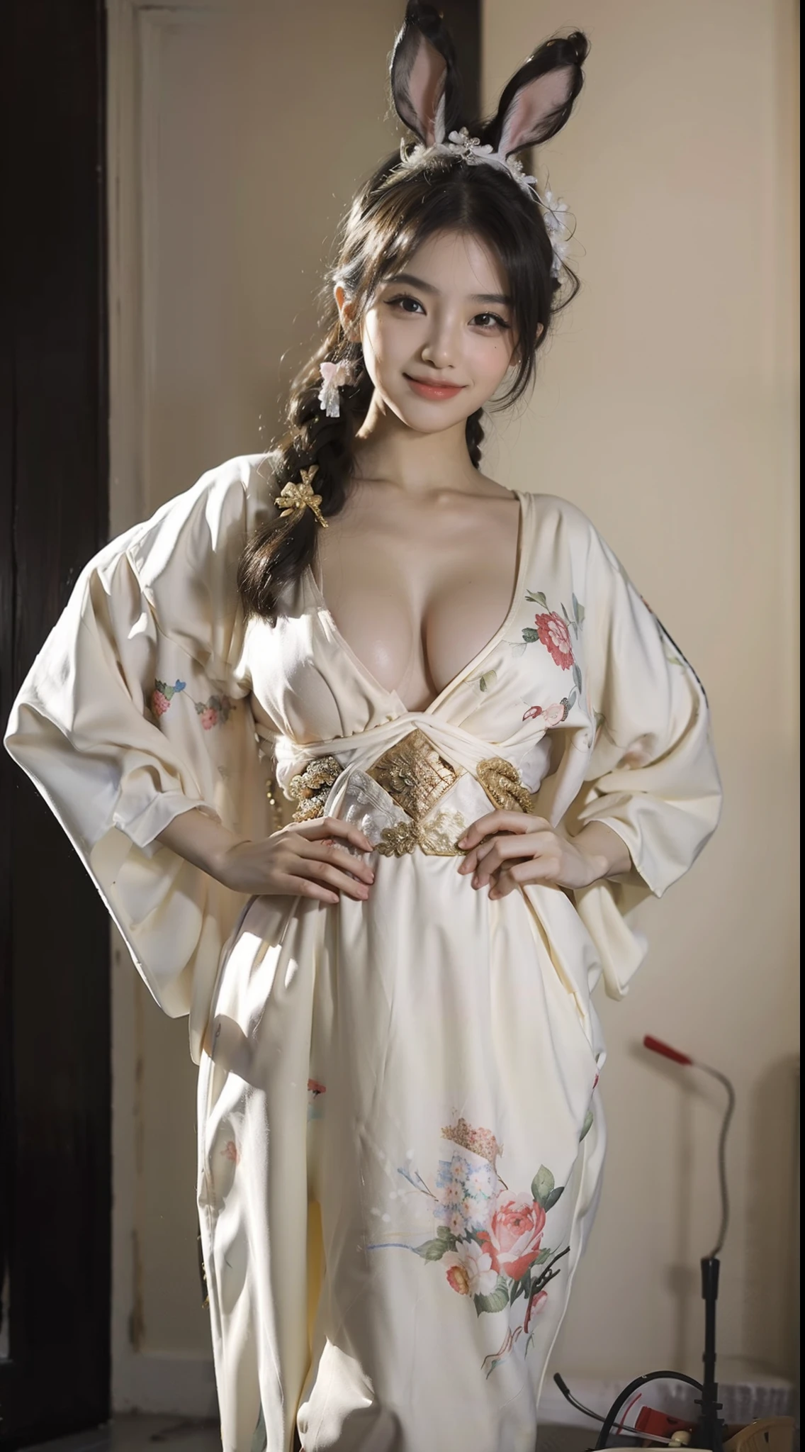 Girl,(Sexy bunny),(Rabbit ear hair card),Raised sexy,big breasts beautiful,Black hair,(The eyebrows are tactile to the touch),Excellent figure,Lovely smile,with fair skin,The action is charming and moving,Ultra-clear image quality,A masterpiece,8K, Milky white skin, Perfect face shape, Perfect body, Perfect figure, Bigboobs, Delicate and beautiful face, Ultra detailed,seminude,Full body appearance,Realiy