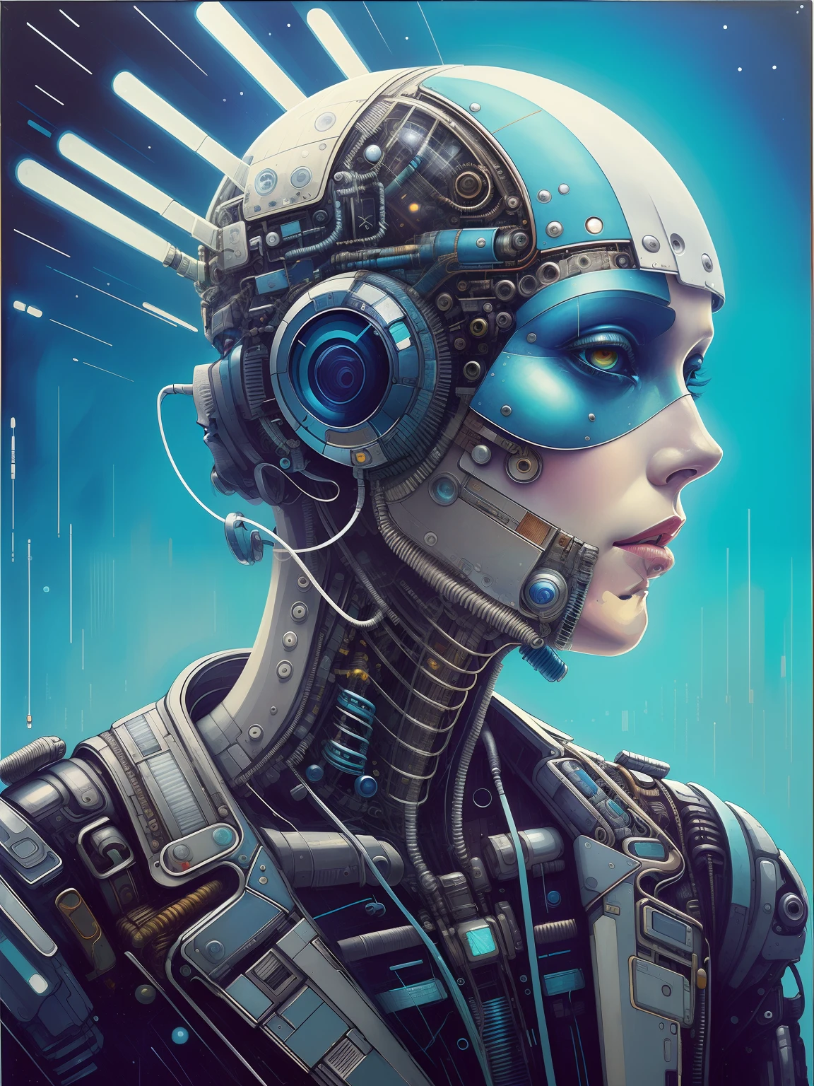 in the style of Blade Runner futurism, mechanical android beautiful, etam cru, light blue and silver, michael creese, steelpunk, white background, best quality, high quality, editorial photo, absurdres, masterpiece, intricate detail, film grain,