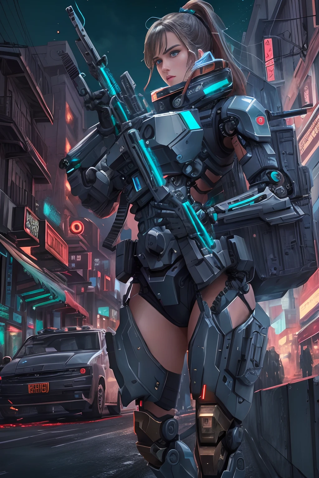 Masterpiece,(best qualtiy),highly detailed,Ultra-detailed,sci-fy, 1 mechanical female soldier, solo person, crNanosuit, high ponytails,(Blue eyes),(Machine-made joints:1.5), Mechanical limb,huge tit,Wire,Fighting in the street, (Serious expression), (tactical gear:1.2), High contrast, extreme hight detail,highest details,(during night:0.7), (urban surroundings), (Dynamic pose), (glowing neon lights:0.9), (smoke effect:0.6),