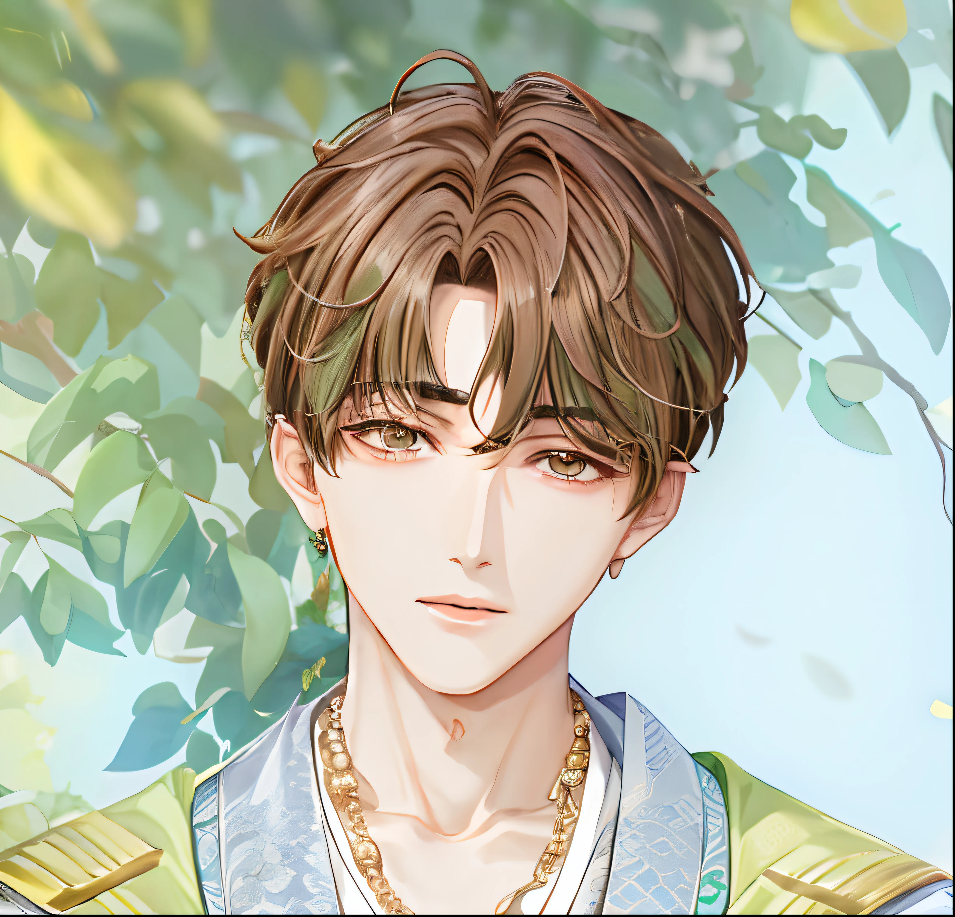 brown  hair，Anime boy in green shirt and necklace, Inspired by Bian Shoumin, inspired by Ma Yuanyu, inspired by Huang Gongwang, inspired by Chen Daofu, Delicate androgynous prince, inspired by Wuzhun Shifan, inspired by Kun Can, Inspired by Xiao Yuncong, heise jinyao
