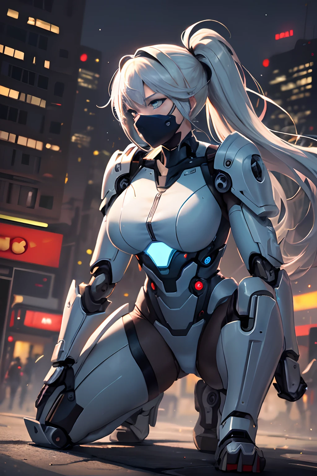 Beautiful cybernetic girl looking at camera in mobile cybernetic battle suit detailed muscles realistic masterpieces full figure pose