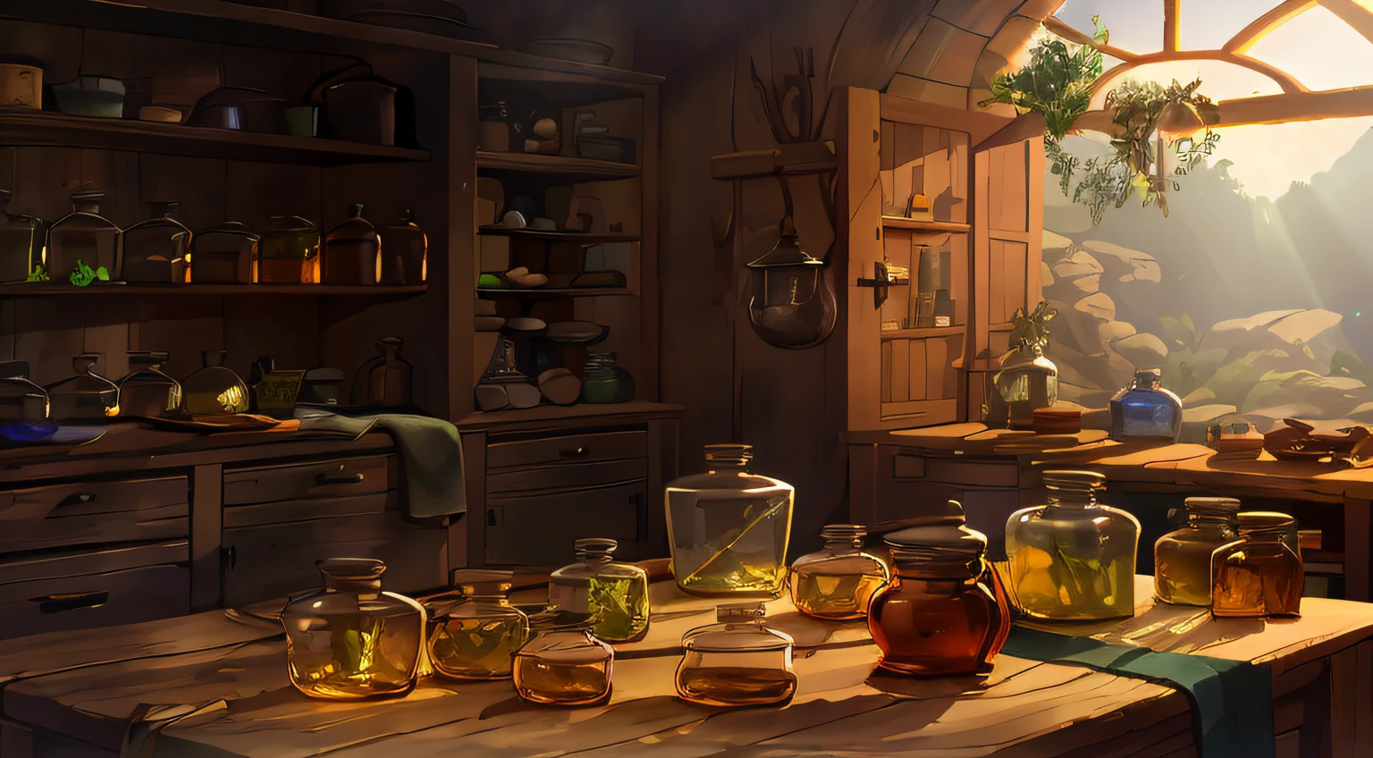 Magic workshop,Potion bottle,pans,herbs,rays of sunshine,flask, jars, jars,inside in room