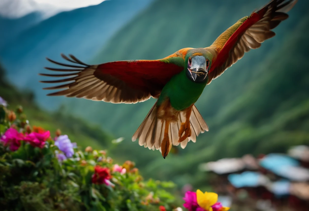 Flying of birds in Nepalese mountain. And snitch some food for woman biblical cinematic