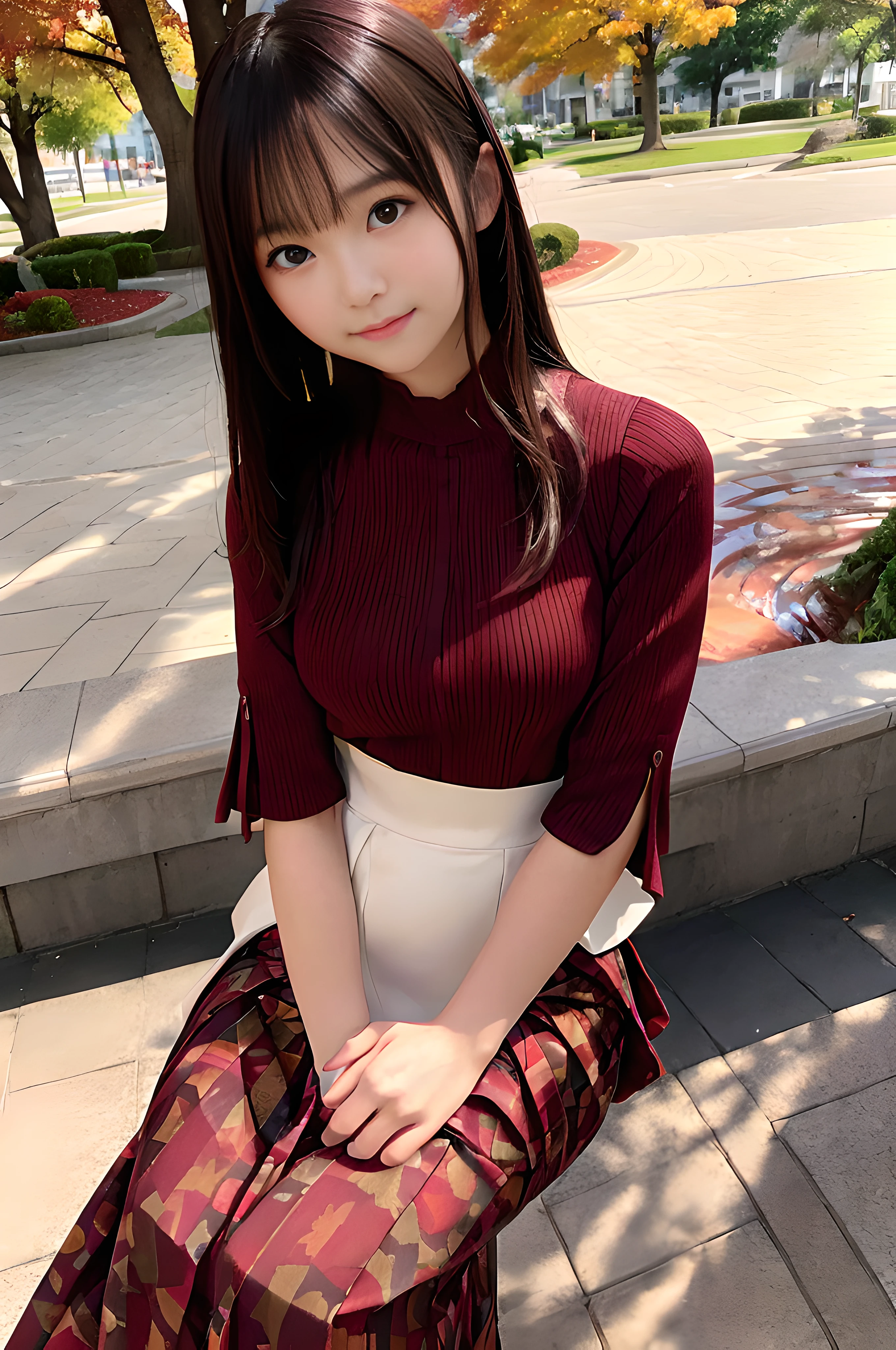 masterpiece, best quality, photorealistic, raw photo, DSLR, -yeld beiful Japanese girl, shiny fair skin, realistic beautiful no makeup face, realistic beautiful bright eyes, double eyelids, look at viewer, smiling, highest detailed shiny black short hair and bangs, disheveled hair, slim figure, slim face, slim waist, big breasts, ((red and brown clothes, random patterns layered style autumn clothes, long flare skirt, straight ginkgo tree avenue)), realistic lighting and shadows, depth of fields, highest delicate and beautiful photo, ultra high resolution, 8k UHD wallpaper,
