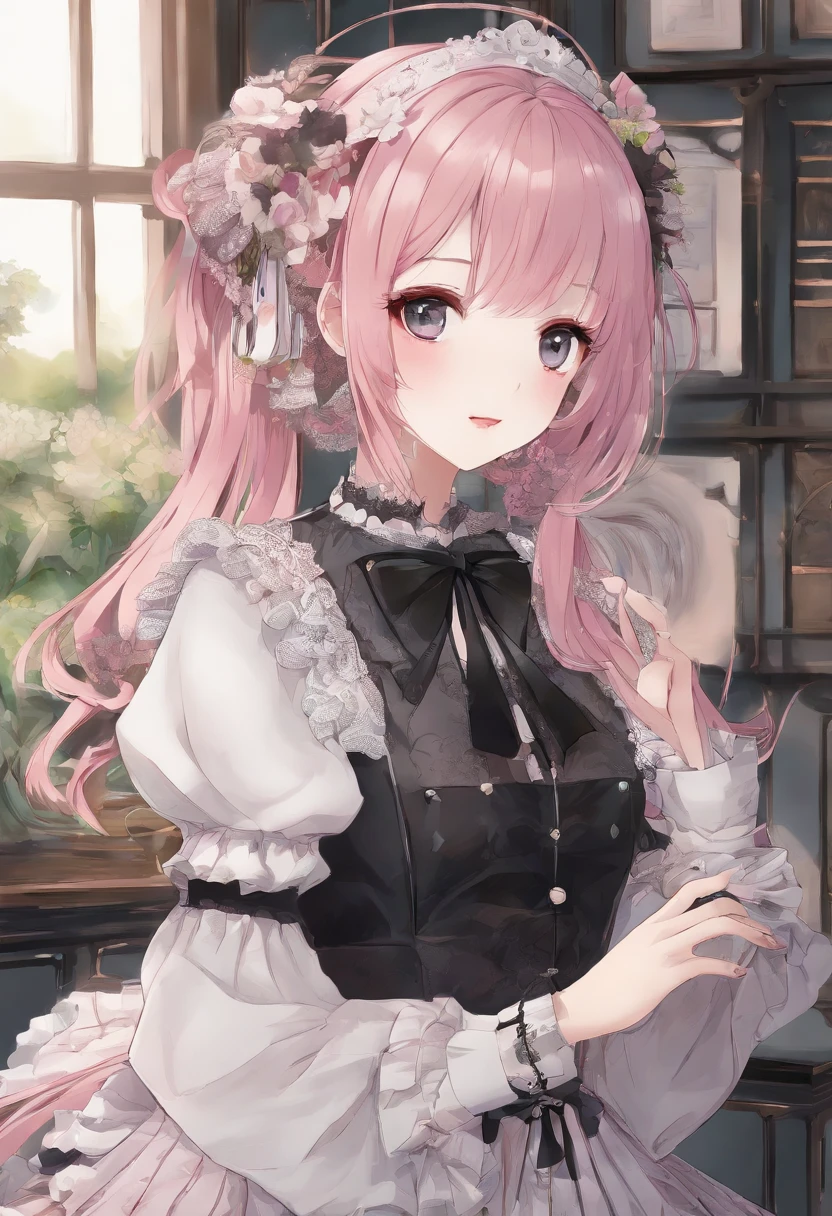 masterpiece, best quality, ultra-detailed, illustration, in the room, Western style room, a cute girl, 1girl, solo, gothic lolita costume, beautiful pink hair, beautiful brown eyes, beautiful eyes, short hair, smile