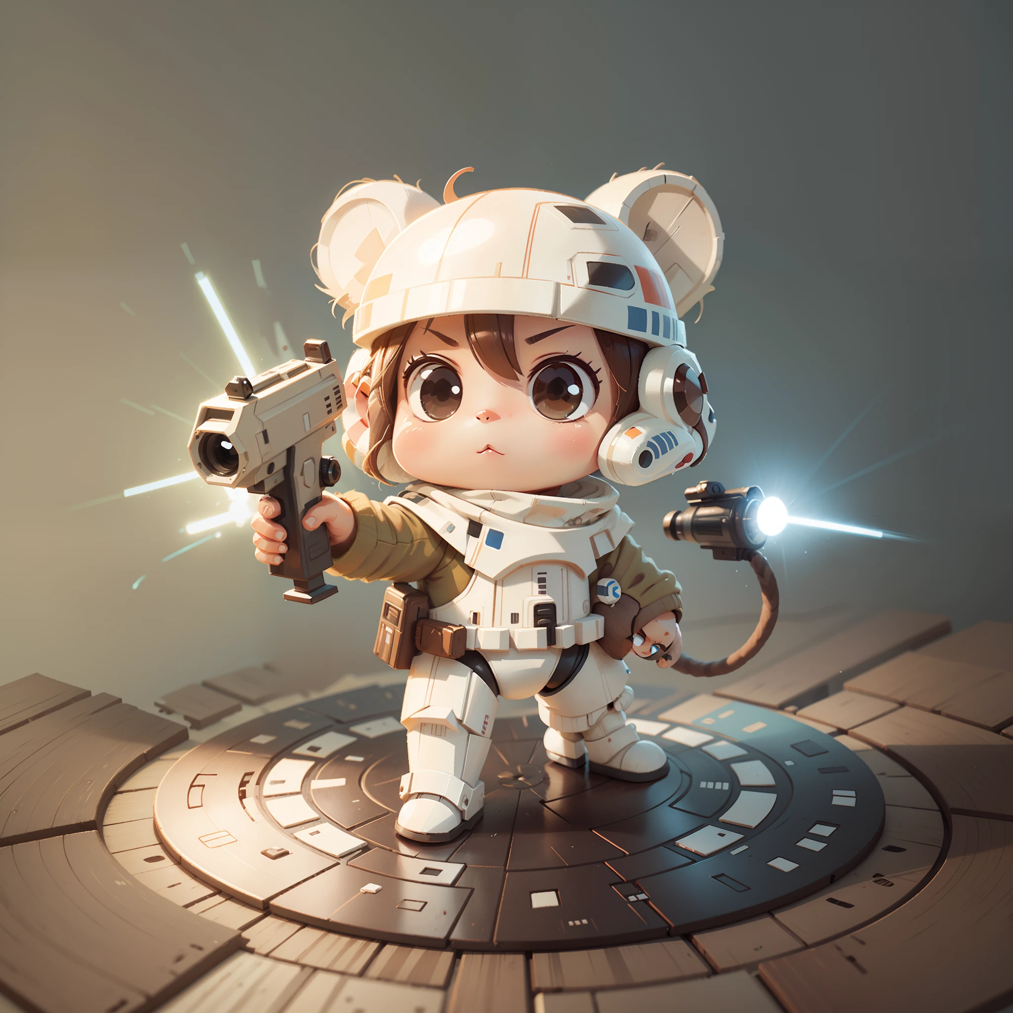chibi, monkey, cute, stormtrooper starwars, action pose, bold, holding with two hands a laser gun, bigbadejo, full body, masterpiece, 3D Rendering, Best Quality, Lots of Detail, (plain background), vinyl toy figurine