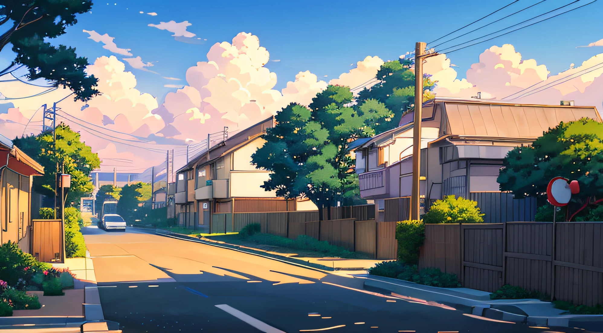 Animated scene of street with house and road sign, Anime Background Art, anime countryside landscape, Anime landscapes, Anime scenery, Beautiful anime scenery, Anime Background, in the style of makoto shinkai, style of makoto shinkai, beautiful anime scene, anime landscape wallpapers, anime movie background, detailed scenery —width 672