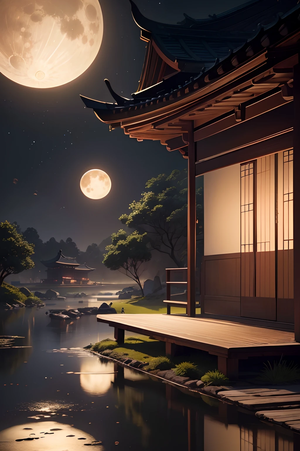 (high quality:1.2), (best resolution, 4k, 8k, high res, masterpiece:1.2), ultra-detailed, (realistic:1.37), ultra-realistic, detailed artwork, vibrant colors, professional, moonlit night, Mid-Autumn Festival elements, tranquil atmosphere, serene garden scene, radiant moon in the lower right corner, stars scattered in the sky, subtle moonlight shining down on the landscape, fine brush strokes, traditional Chinese painting style, dreamlike ambiance, peaceful setting, realistic shadows, impeccable lighting, delicate textures, calm and serene mood