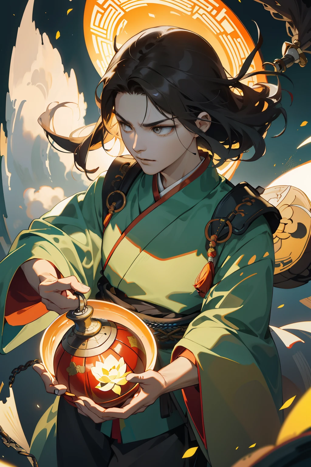 Li Tianwang in Chinese mythology, （（middle aged man））（Li Jing），（Hold up a gourd with one hand），（High- sharpness，ultra - detailed）， tmasterpiece， best qualtiy， 独奏，Yellow robe and black pants， angry look，  详细的脸， looking down below， swirles， smog，Old，One is tightness，Complicated details, , 独奏, detailedbackground，Hover in the air，Floating lotus、Brown chain mail all over、Backlit realistic lighting、Armory、Hair flutters in the wind，Surrounded by ink,Surrounded by clouds, Clear face, Clear and bright eyes, High detail, (A high resolution, ultra - detailed), Cinematic lighting, Motion blur, Ray tracing, reflective light, (Close-up), Masterpiece, Best quality, High quality, Anatomically correct, Textured skin, High details, Super detail, 1080p, hyper HD,