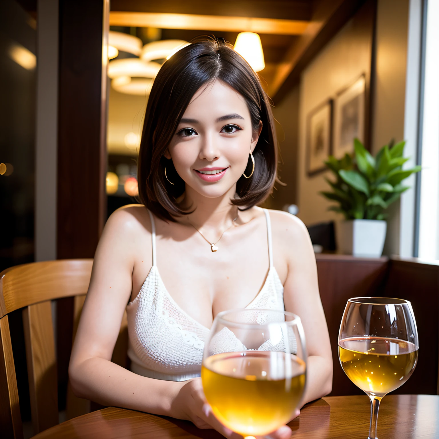 (64K, UHD, top quality, masterpiece: 1.2), (realistic, photorealistic: 1.37), super detailed, pretty woman 1 person, (slim face), (slim body), (brown hair), (short cut), cheeks slightly blushing, (44 years old), 38 years old, solo, beautiful detailed urban night view outside the window, restaurant, wine glasses sit, at night, in a prominent placeNovaFrogStyle, Actress, Model, Waist Up, White Wine, Slim, Wine Glass, Super Clean Night View, Wine Glass Put in the Middle, Happy Smile, (Smile: 1.15), Beautiful Fine Eyes, Upper Body, Bust Japan Up, Night, Short, Short, Actress, Model, Waist Up, White Wine, Slim, Wine Glass, Super Clean Night View, Wine Glass Put in the Middle, Happy Smile,