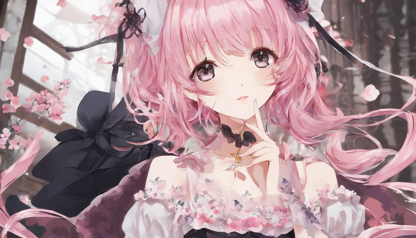 masterpiece, best quality, ultra-detailed, illustration, in the room, Western style room, a cute girl, 1girl, solo, gothic lolita costume, beautiful pink hair, beautiful brown eyes, beautiful eyes, short hair, smile