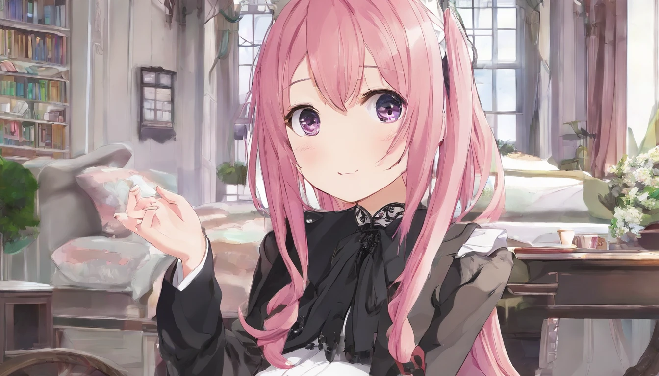 masterpiece, best quality, ultra-detailed, illustration, in the room, Western style room, a cute girl, 1girl, solo, gothic ta costume, beautiful pink hair, beautiful brown eyes, beautiful eyes, short hair, smile