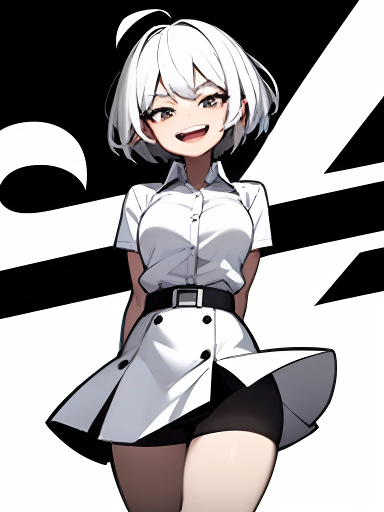 ((masterpiece, best quality)), (1girl), (solo), (female focus), (ahoge, white hair, short hair), black eyes, light smile, open mouth, ((white shirt), (buttoned shirt), (button gap)), ((black skirt), (short skirt)), standing, white background, arms behind back, dynamic angle