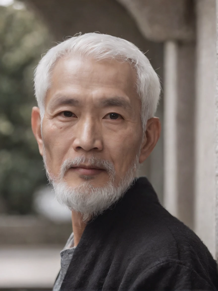 Cinematic portrait , Portrait of a father,Look at the viewer,An elderly Asian man,old man,single image,Thin and thin, (80 years:1.1), (shaved pubic hair:1.2), (very short white hair,A little curly:1.5),(Long beard:1.6).Dark coat,Minimalist background, Own composition, detalhe poderoso, Bright light,the soft light。