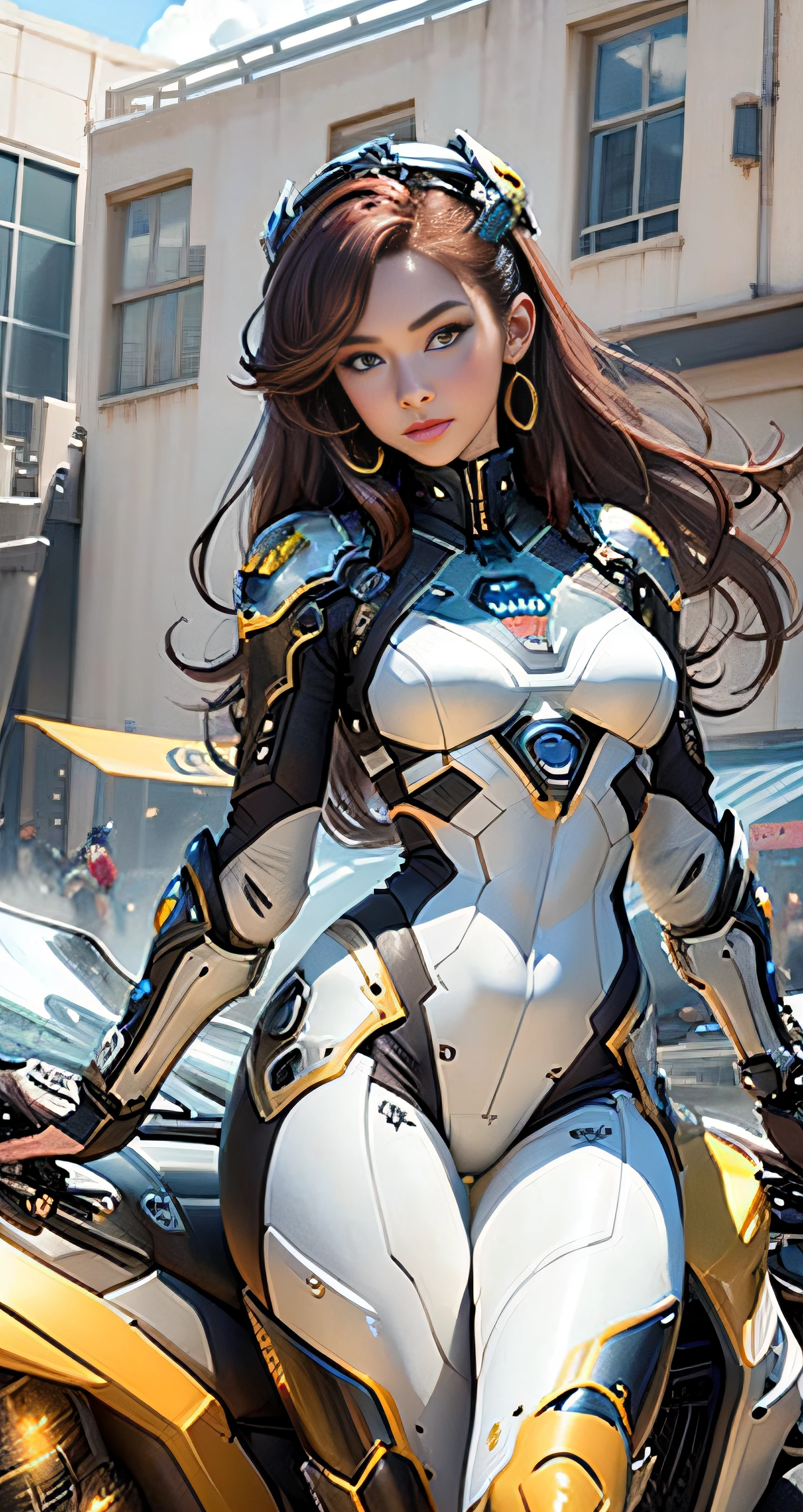 1girll, 8K quality，full bodyesbian, The style of mechanical clothing, Sexy goddess，The facial features are delicate and beautiful，Red long-haired，Future technology building，blueglow，with blue sky and white clouds，Spaceship，Multiple planets，The setting sun burns the clouds，Jupiter，Mards，Tornado，Flaming，Goddess Mage，Large bearings，Stone dragon wall，Full of gold treasures，Ultra-futuristic motorcycle combat vehicle。