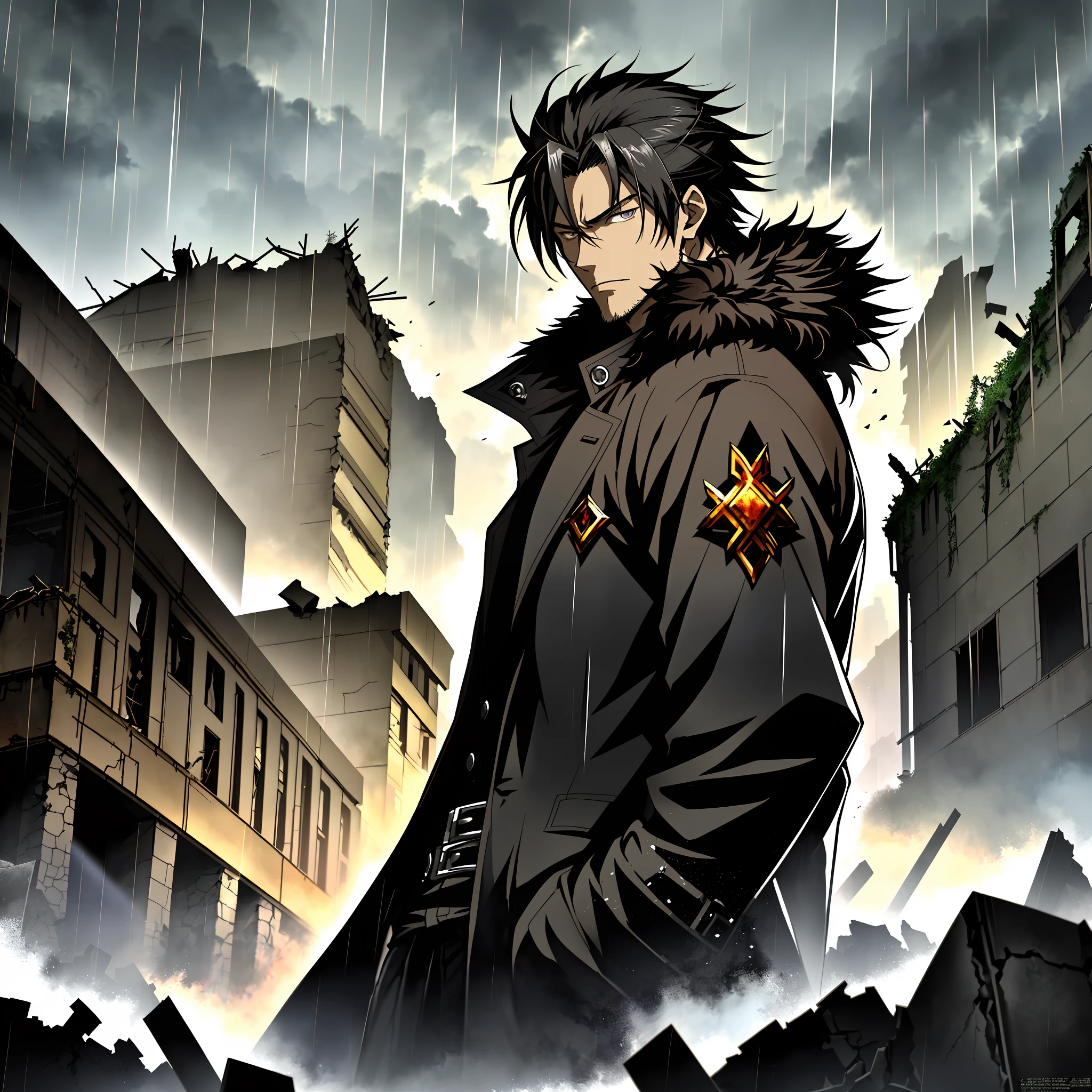 An anime man in a black fur coat stands among the ruins in the rain, Black colored eyes，Anime handsome man, Anime portrait of a handsome man, anime concept hdr anime macmanus, Key anime art, male anime character,