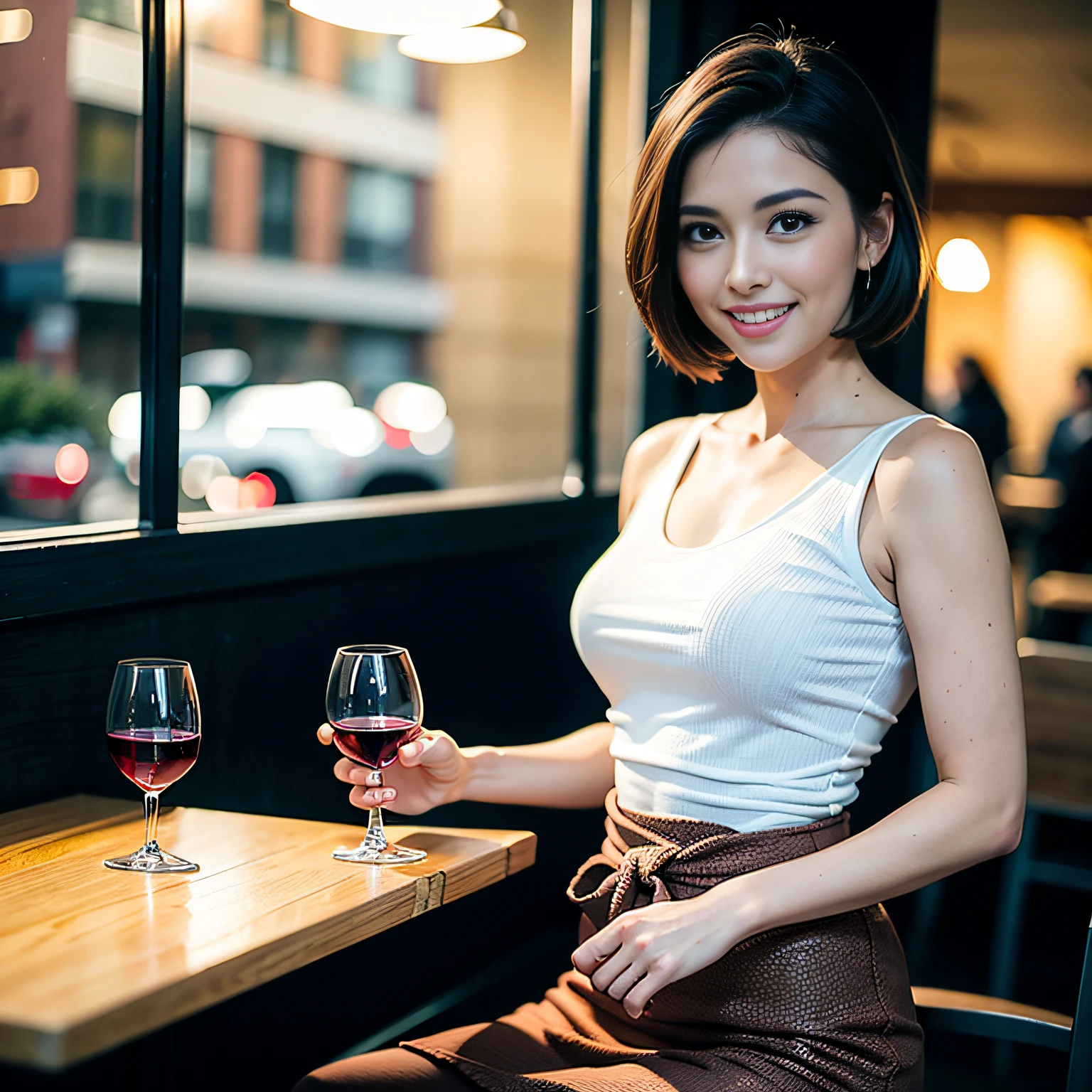 (64K, UHD, top quality, masterpiece: 1.2), (realistic, photorealistic: 1.37), super detailed, pretty woman 1 person, (slim face), (slim body), (brown hair), (short cut), cheeks slightly blushing, (44 years old), 38 years old, solo, beautiful detailed urban night view outside the window, restaurant, wine glasses sit, at night, in a prominent placeNovaFrogStyle, Actress, Model, Waist Up, White Wine, Slim, Wine Glass, Super Clean Night View, Wine Glass Put in the Middle, Happy Smile, (Smile: 1.15), Beautiful Fine Eyes, Upper Body, Bust Japan Up, Night, Short, Short, Actress, Model, Waist Up, White Wine, Slim, Wine Glass, Super Clean Night View, Wine Glass Put in the Middle, Happy Smile,