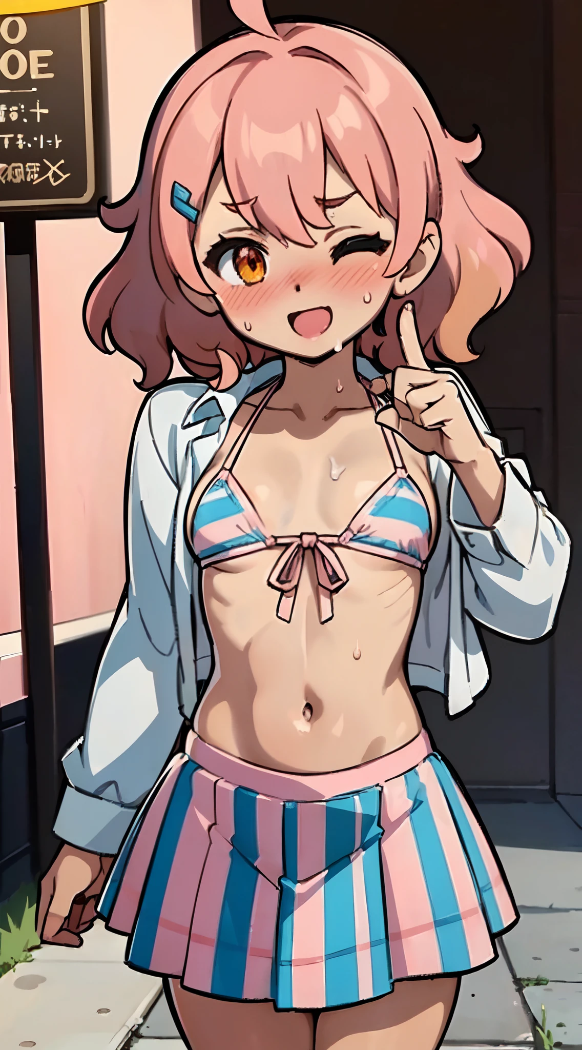 (Perfect body),Best Quality,16 K,(Official art)、(((((Lori)))))、(NSFW)、(((((blush))))),(:D)、One eye is closed(V-shaped eyebrows)、embarrassed from、(((((Brown skin))))),(((Short hair))), (((Orange Eyes))),((((Pink hair)))),(Sweat),(((small tits))),((((Wavy Hair)))),Ahoge,hair clips,(white knee-socks),((Big ass)),(((Light blue striped bikini)))、(School uniform)、(((camisa branca aberta)))、(((Mini skirt)))、(((((Panchira)))))、(((((flat chest)))))、(((thick thighs)))、((spreading legs))、(((((short in stature)))))、In the street