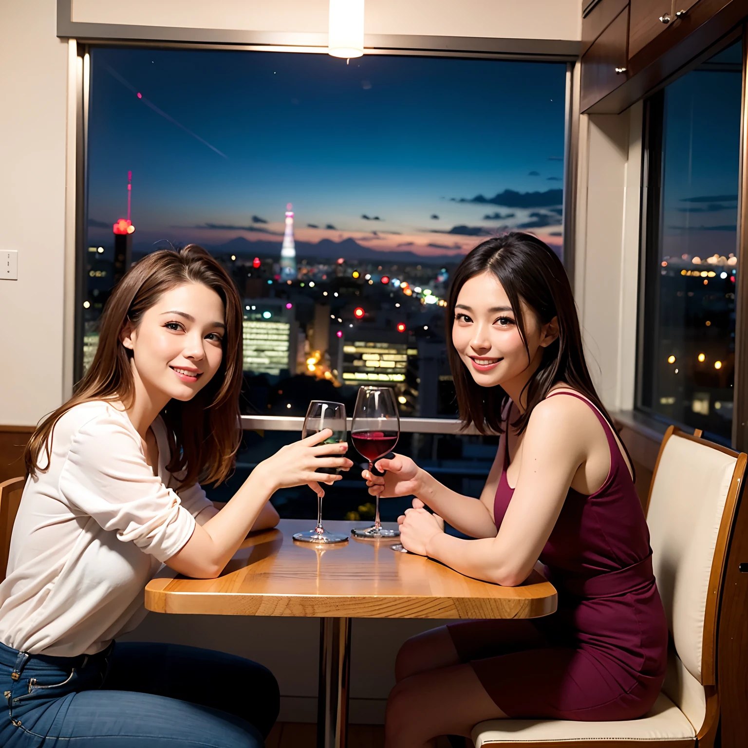 ((Highest quality、、masterpiece:1.3))、1 male、1 female、37 years old 39 years old、Slim Beauty、Beautiful couple、Upper Body、smile、 (Slim face), (the body is スリム), (Brown Hair), (Shortcuts), テーブルのフルコースディナーとwine glass、Amazing view of the sunset sky and clouds、smileの美しさ、Wine bottle、sparkling wine、Long sleeve shirt、dress、White wine, red wine, wine glass, Beautiful fine grain, Depth f/2,saturation, High Contrast, Strong light and shadow,Moist Body:1.5、3D texture、The hair is very shiny、