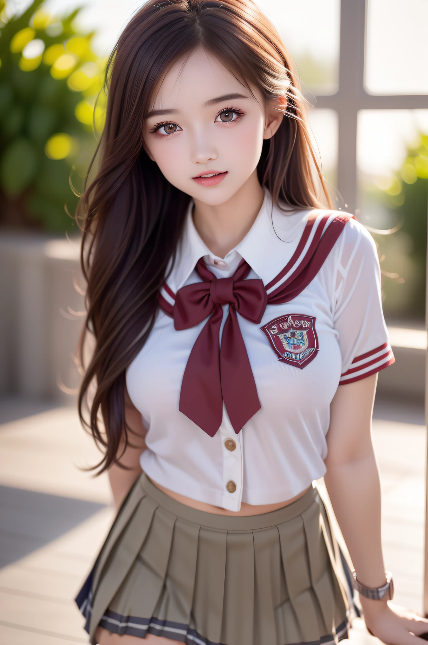 (2girls), Brown hair, Amazing face and eyes, Pink eyes, (High school uniform with wide open breasts:1.3), Beautiful big breasts, bared  chest, (amazingly beautiful girl), Brown hair, (High School Uniform, Pleated mini-skirt:1.5), ((Best Quality)), (Ultra-detailed), (extremely detailed CG unified 8k wallpaper), Highly detailed, High-definition raw color photos, Professional Photography, sitting, legs wide open, (((Bokeh))), depth of fields,