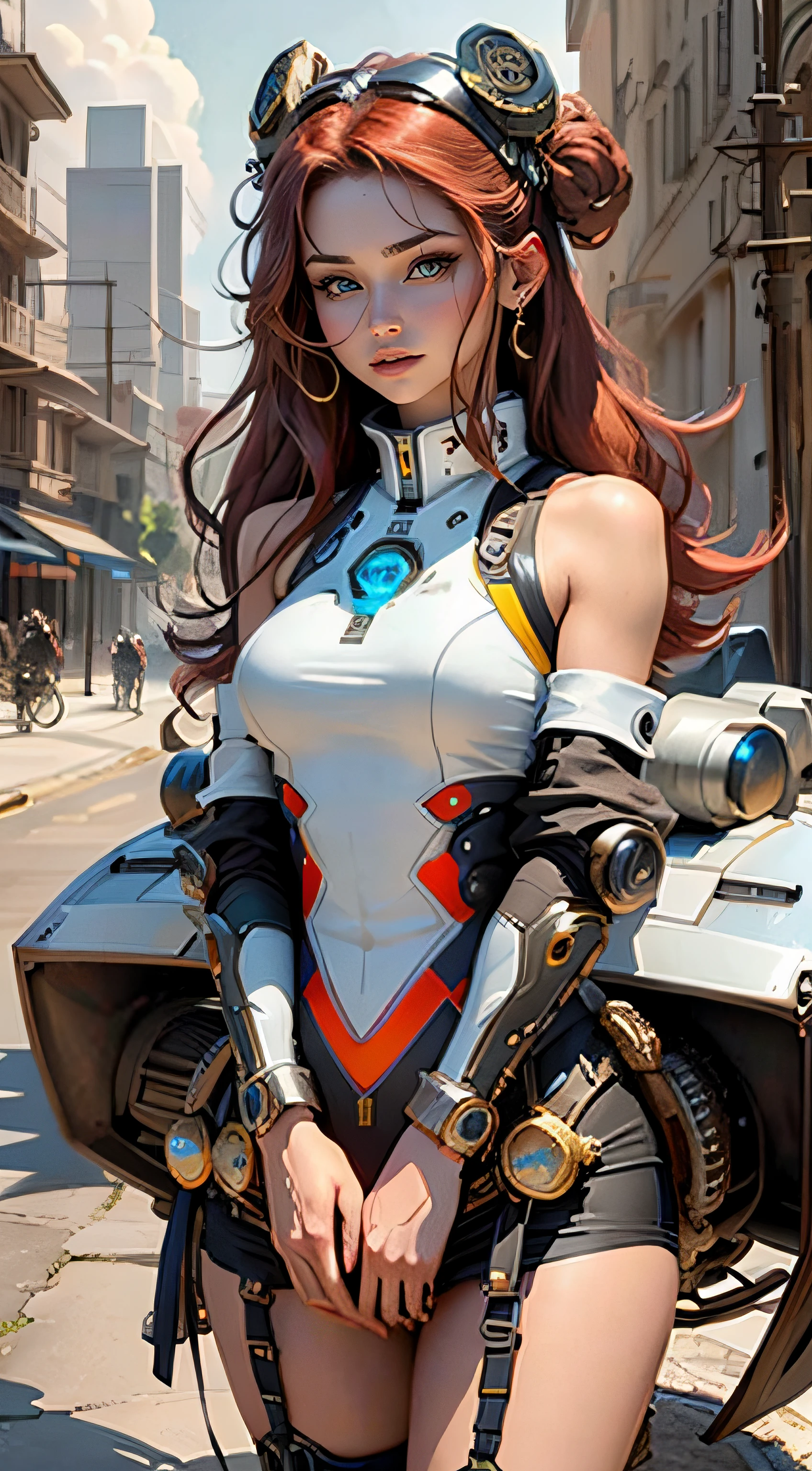 1girll, 8K quality，full bodyesbian, The style of mechanical clothing, Sexy goddess，The facial features are delicate and beautiful，Red long-haired，Future technology building，blueglow，with blue sky and white clouds，Spaceship，Multiple planets，The setting sun burns the clouds，Jupiter，Mards，Tornado，Flaming，Goddess Mage，Large bearings，Stone dragon wall，Full of gold treasures，Ultra-futuristic motorcycle combat vehicle。