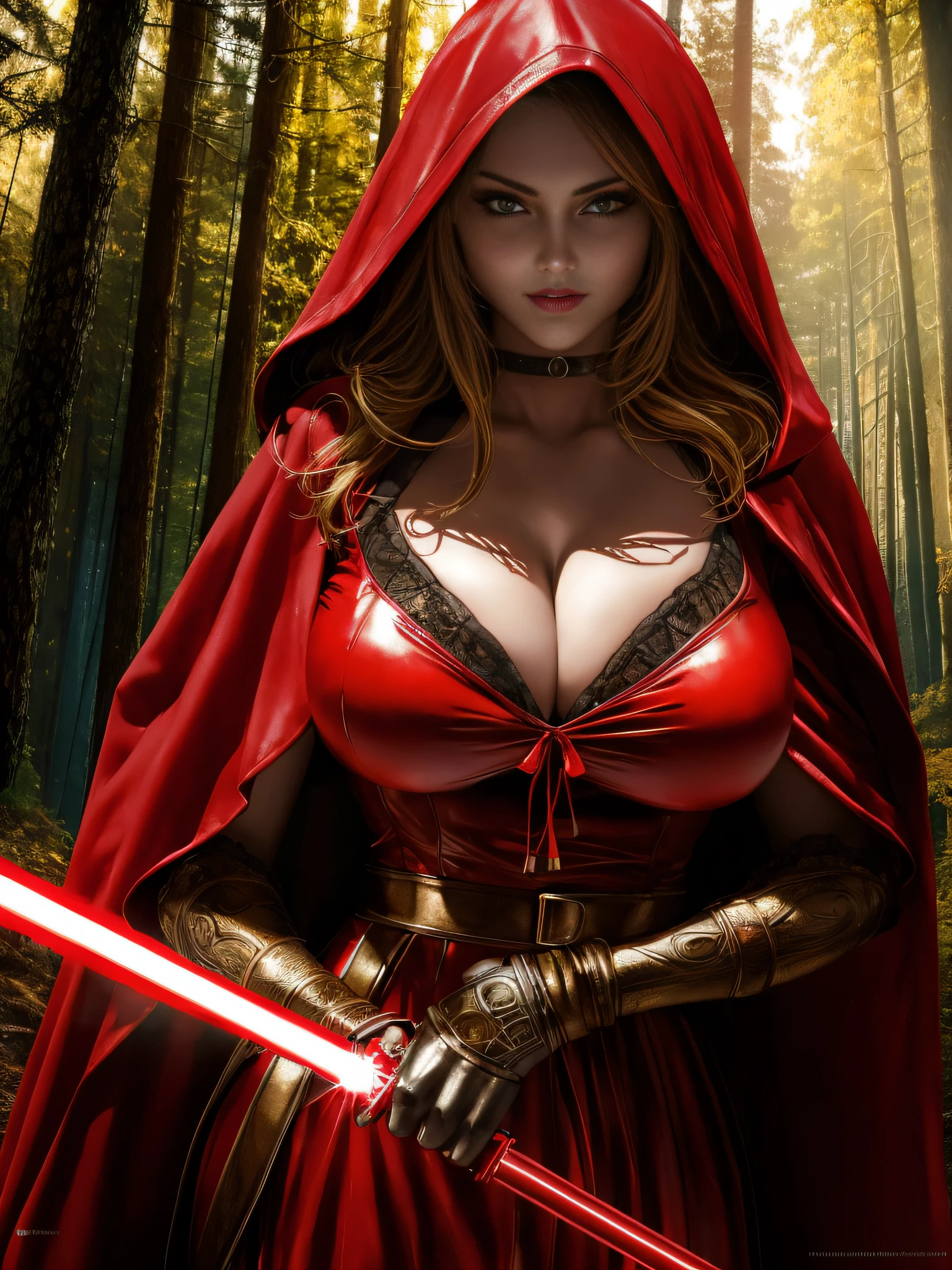 extremely beautiful red riding hood, subtle makeup, golden hour, photorealistic, high contrast, 8k HD, detailed, hyper-detailed, realistic skin texture, covered with red hood, big breast, best quality, ultra high res, raw photo, dramatic lighting, unreal engine, diffuse glow, intricate red hood, outdoor, realistic detailed dark forest, holding light saber