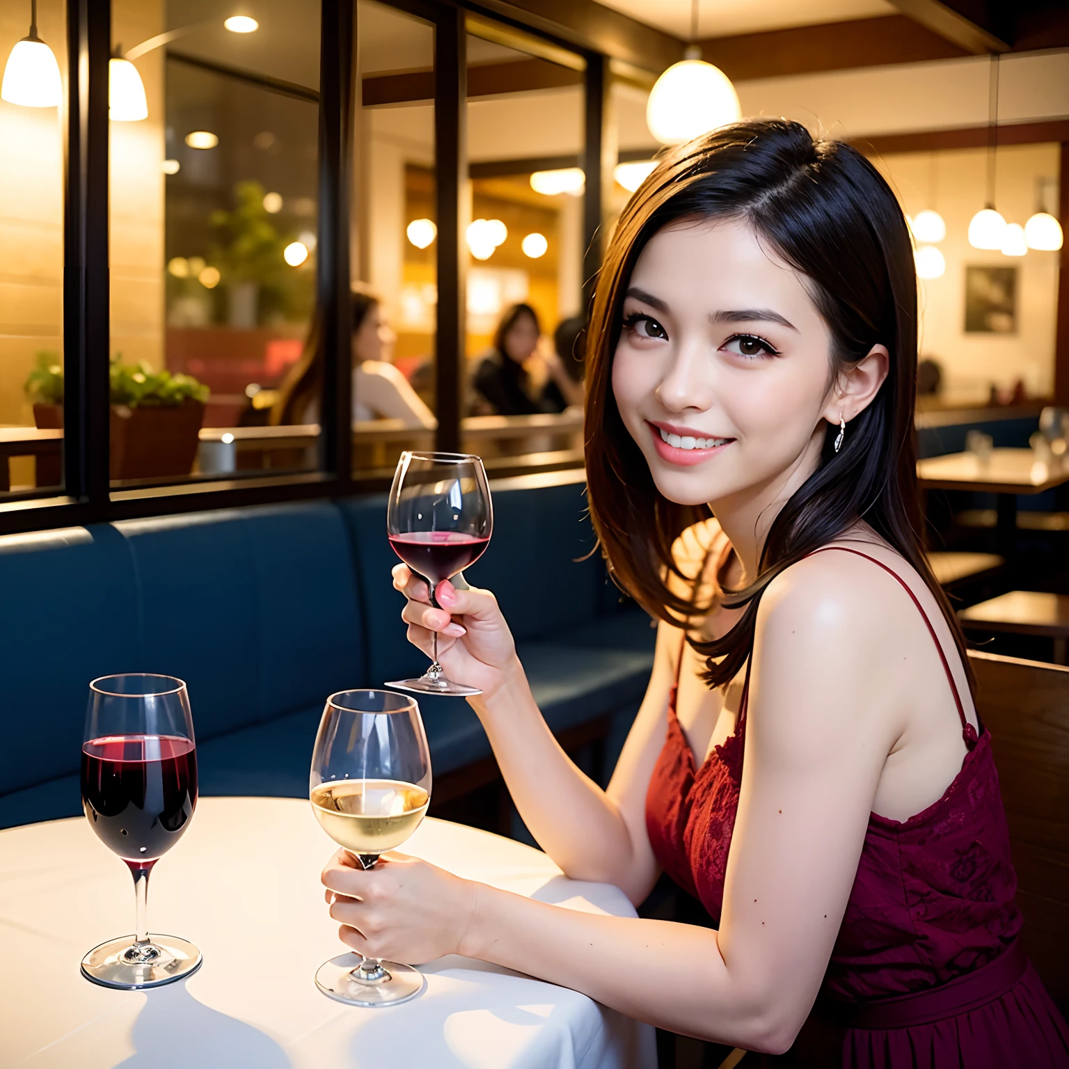 (64K, UHD, top quality, masterpiece: 1.2), (realistic, photorealistic: 1.37), super detailed, pretty woman 1 person, (slim face), (slim body), (brown hair), (short cut), cheeks slightly blushing, (44 years old), 38 years old, solo, beautiful detailed urban night view outside the window, restaurant, wine glasses sit, at night, in a prominent placeNovaFrogStyle, Actress, Model, Waist Up, White Wine, Slim, Wine Glass, Super Clean Night View, Wine Glass Put in the Middle, Happy Smile, (Smile: 1.15), Beautiful Fine Eyes, Upper Body, Bust Japan Up, Night, Short, Short, Actress, Model, Waist Up, White Wine, Slim, Wine Glass, Super Clean Night View, Wine Glass Put in the Middle, Happy Smile,