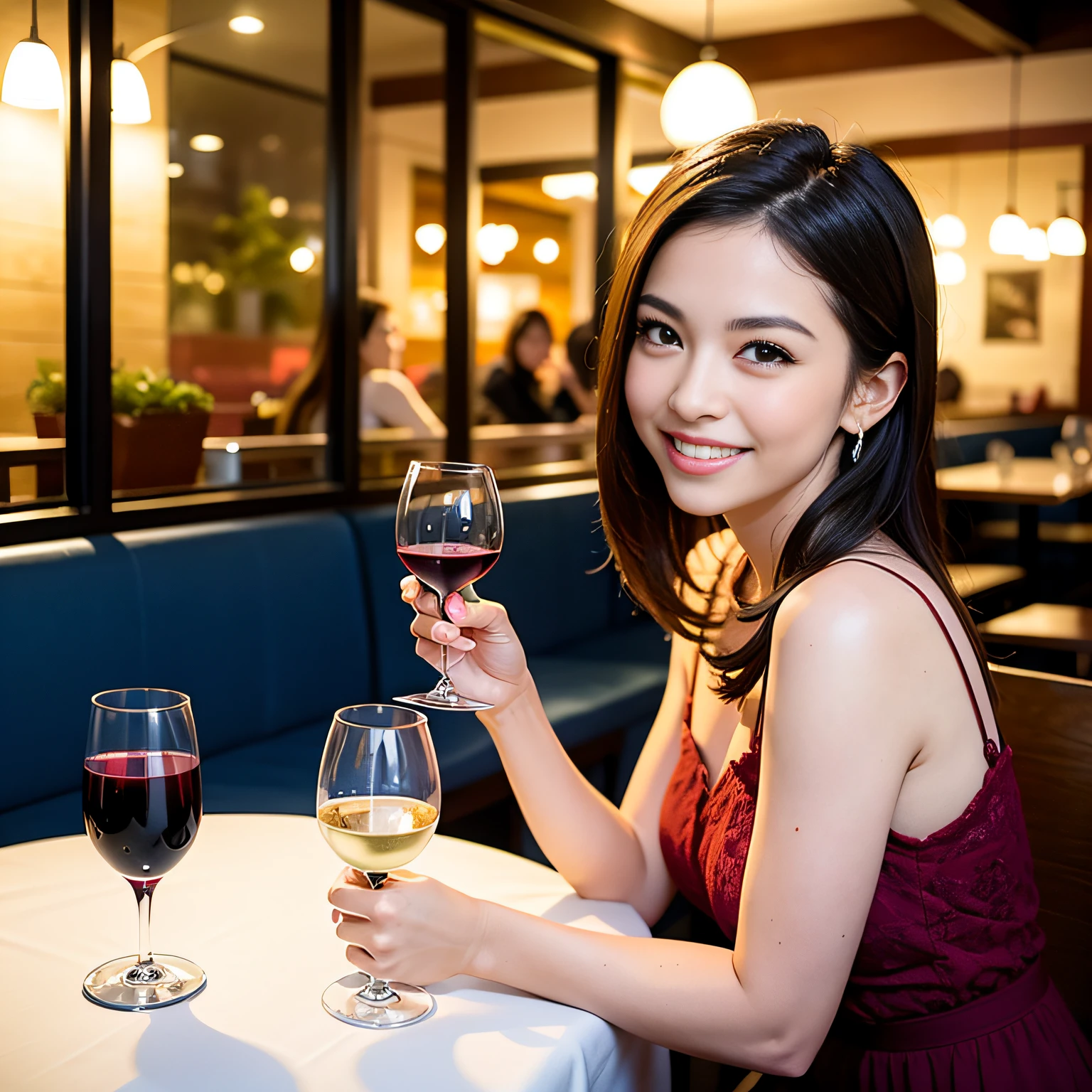 (64K, UHD, top quality, masterpiece: 1.2), (realistic, photorealistic: 1.37), super detailed, pretty woman 1 person, (slim face), (slim body), (brown hair), (short cut), cheeks slightly blushing, (44 years old), 38 years old, solo, beautiful detailed urban night view outside the window, restaurant, wine glasses sit, at night, in a prominent placeNovaFrogStyle, Actress, Model, Waist Up, White Wine, Slim, Wine Glass, Super Clean Night View, Wine Glass Put in the Middle, Happy Smile, (Smile: 1.15), Beautiful Fine Eyes, Upper Body, Bust Japan Up, Night, Short, Short, Actress, Model, Waist Up, White Wine, Slim, Wine Glass, Super Clean Night View, Wine Glass Put in the Middle, Happy Smile,