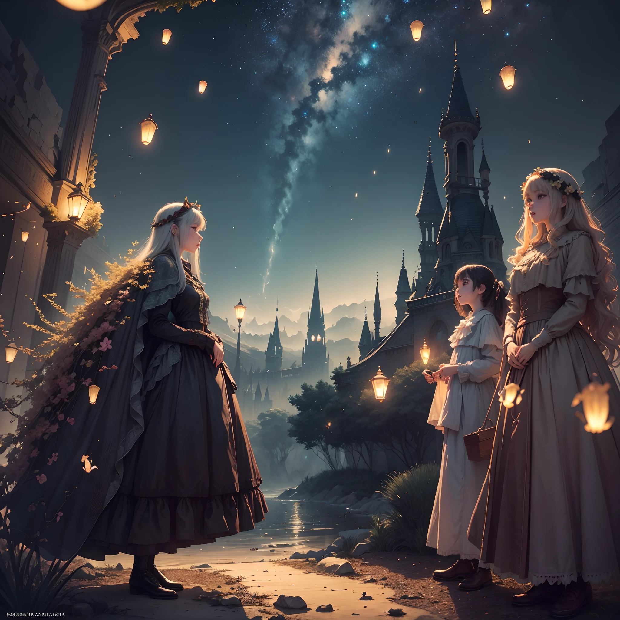 surrealism, romanticism lain, full bloom, Fuji colors, 8K, Super detail, Best quality, Super detail, High details, High quality, Award-Awarded, Anatomically correct, Masterpiece, ccurate, retinas, hyper HD,nighttime scene,Magic shines,Everything is full of life。,Fireflies fly everywhere