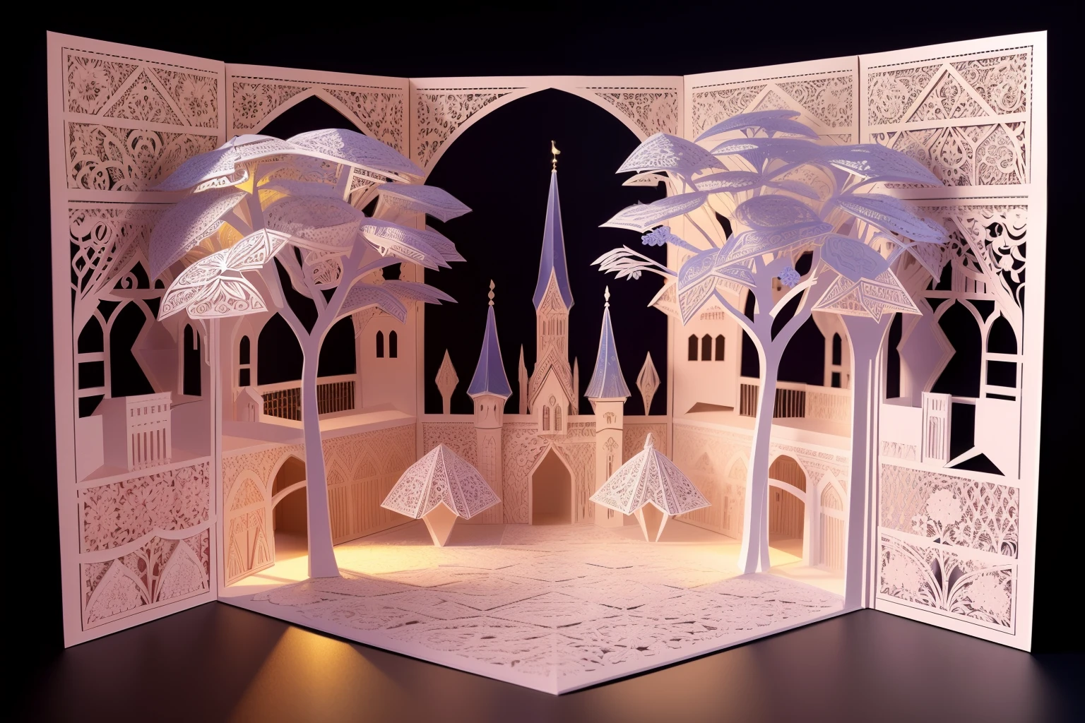 a captivating paper-cut craft masterpiece with a 3D effect that exhibits ultra-realistic details. The artwork portrays a dreamlike fairy tale scene created entirely out of paper. The intricate paper-cut elements are meticulously arranged to form a whimsical landscape filled with enchanting characters and vibrant colors. Delicate paper flowers bloom in the foreground, adding a touch of elegance to the composition. The characters, flawlessly crafted from paper, come to life with their intricate and lifelike details. Each fold and cut is meticulously designed to give the artwork a sense of depth and realism. The lighting, expertly captured, casts a soft glow over the scene, enhancing the magical ambiance. This paper-cut craft masterpiece truly showcases the skill and artistry behind this traditional form of expression, while the 3D effect adds an immersive touch that mesmerizes viewers. With its ultra-realistic details and meticulous craftsmanship, this artwork transcends the boundaries of paper and immerses the viewer in a fantastical world of fairy tales.