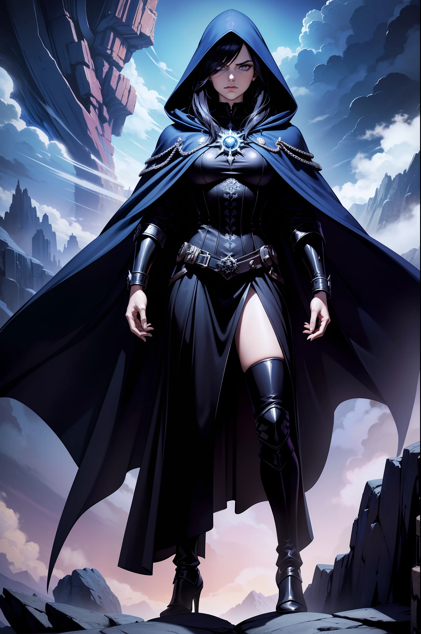 An adult mage character wearing a hooded robe and gothic armor with black details accompanied by an adult mage character wearing a robe, capuz. Tax Posture, face with serious expression, cabelo na cor preta liso preso, hair in black color a remarkable beauty, Magnificent, cor azul dos olhos, Purple sky with magnificent clouds, arms crossed in imposing pose and on top of a tall rock, cabelo curto cidade, portal, Magnificent, 8k,