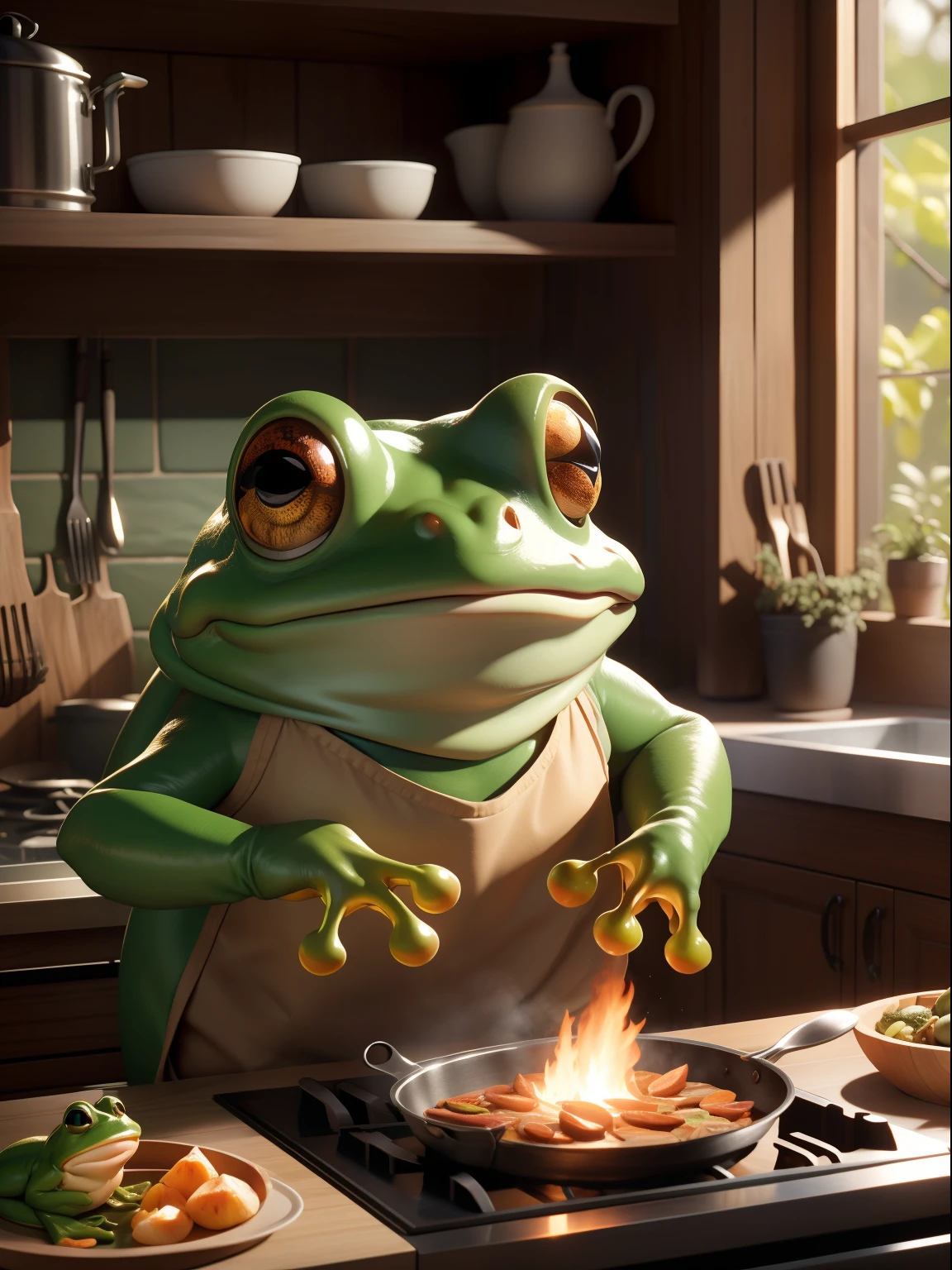 A photograph of a humanoid frog passionately cooking in a rustic kitchen, surrounded by an array of vibrant vegetables. The composition is a close-up, highlighting the intricate details of the frog's hands, displaying a beautiful mix of textures and colors. The lighting accentuates the glossy sheen of the frog's skin, while warm earthy tones and soft natural lighting enhance the realistic ambiance of the scene. masterpiece, high details, best quality, HD, realism