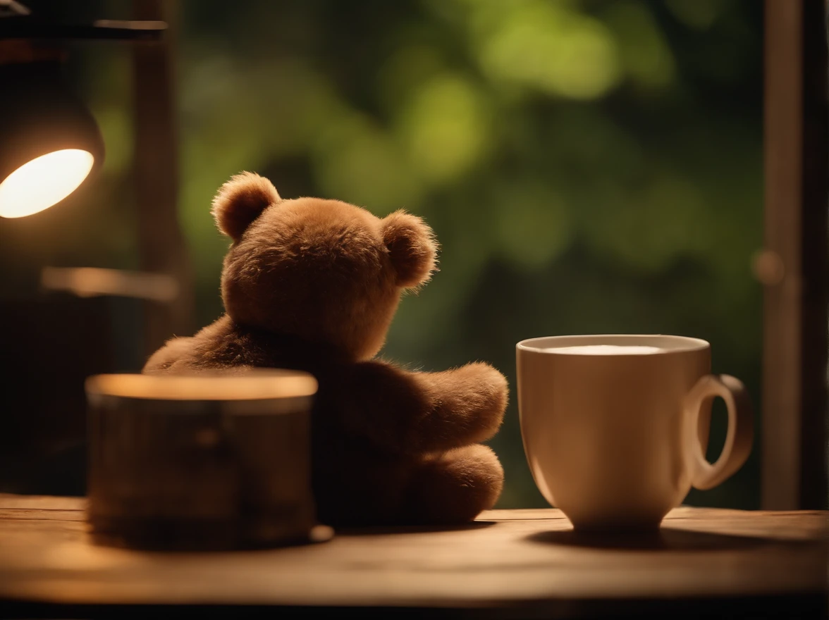 masterpiece,highquality,8K,photoreal,cinematiclight,interior, desk work, lighting, waterfall, cup, dancing cute bear, night, rice on table, machinery,