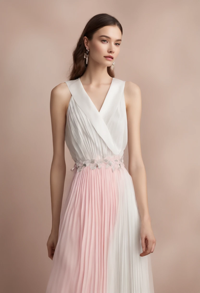 Women in pink dresses and alafly wink magazine cover, beauty campaign, doll face, advertisement picture, official dior editorial, by Emma Andijewska, captured on canon eos r 6, photographed in a Canon EOS R5, shot with Canon EOS R 5, 1 8, by Ayami Kojima, park ji-min, Joey King Highest Quality、超A high resolution、(Photorealsitic:1.4)、RAW Photos、1 female、She is very slender、Delicate body、Elegant beauty、Radiant skin、Delicate pleats with lovely Zara sleeveless (greys:1.4) white collar dress、 (2023SS:1.4)、独奏、(Monotone fashion:1.2)、(Pleated accent:1.3)、(dynamicposes:1)、(a white collar)、Fashion brand ZARA、White background、The upper part of the body、