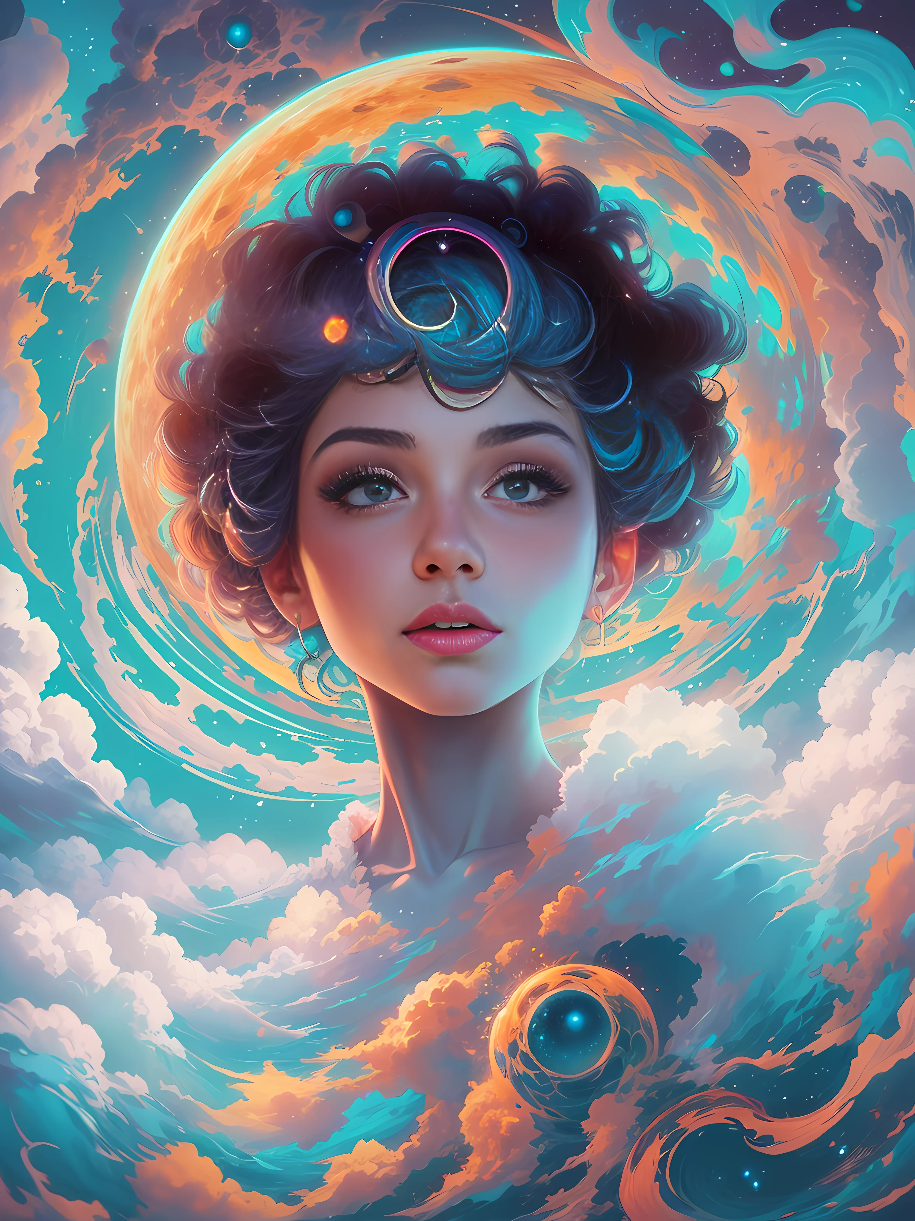 top of a planet surrounded by clouds, digital art, inspired by Cyril Rolando, digital art, psychedelic fractals, parallax of the universe, celestial bodies, frost-style, holding the earth, whistling, Jeremiah Ketner, orbital rings, a144 x 144, color ", trio, jean, close up portrait photo by Annie Leibovitz, film, studio lighting, detailed skin, ultra realistic, bokeh, sharp features