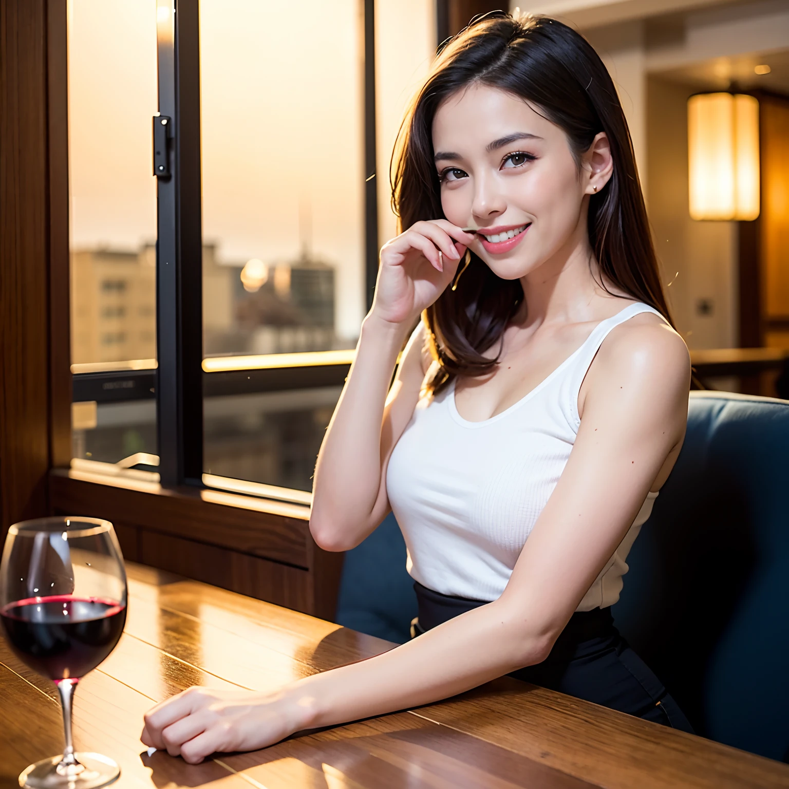 (64K, UHD, top quality, masterpiece: 1.2), (realistic, photorealistic: 1.37), super detailed, pretty woman 1 person, (slim face), (slim body), (brown hair), (short cut), cheeks slightly blushing, (44 years old), 38 years old, solo, beautiful detailed urban night view outside the window, restaurant, wine glasses sit, at night, in a prominent placeNovaFrogStyle, Actress, Model, Waist Up, White Wine, Slim, Wine Glass, Super Clean Night View, Wine Glass Put in the Middle, Happy Smile, (Smile: 1.15), Beautiful Fine Eyes, Upper Body, Bust Japan Up, Night, Short, Short, Actress, Model, Waist Up, White Wine, Slim, Wine Glass, Super Clean Night View, Wine Glass Put in the Middle, Happy Smile,