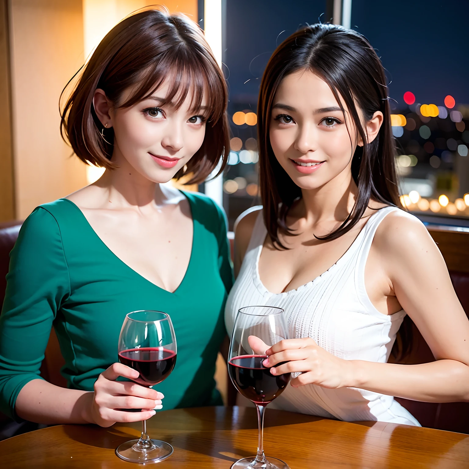 ((Highest quality、8K、masterpiece:1.3))、cute、slimカップル、modelカップル、actress男優、(Realistic, Intricate details:1.2), full-course dinner、Wine Party、Amazing view of the sunset sky and clouds、A bright smile、short hair,Bright Face、 (Age 37), age 34, red wine 、Appetizers、Italian food、Wine bottle、Champagne、sparkling wine、Two beauties、Brown Hair、Shortcuts、Long sleeve shirt、dress、Beautiful woman 1, (slimな顔), (The body is slim), (Brown Hair), (Shortcuts), cheeks turn a little red,Attractive beauty、restaurant, In a prominent place (From the waist up) Nova Frog Style, actress, model, Upper Body, White wine, slim, wine glass, 中央に置かれたwine glass, smile, (smile: 1.15), Beautiful fine grain, Depth f/2,saturation, High Contrast, Strong light and shadow,Moist Body:1.5、3D texture、Delicate eyes、Brown Hair、The hair is very shiny、