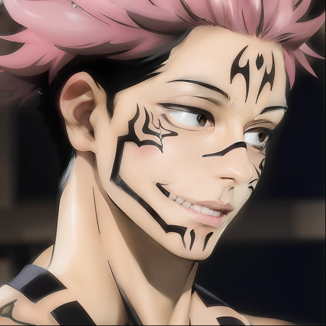 anime character with pink hair and black and white stripes on his chest, handsome guy in demon slayer art, jujutsu kaisen, roguish smirk, ohararyu, pink iconic character, trigger anime artstyle, ryomen sukuna