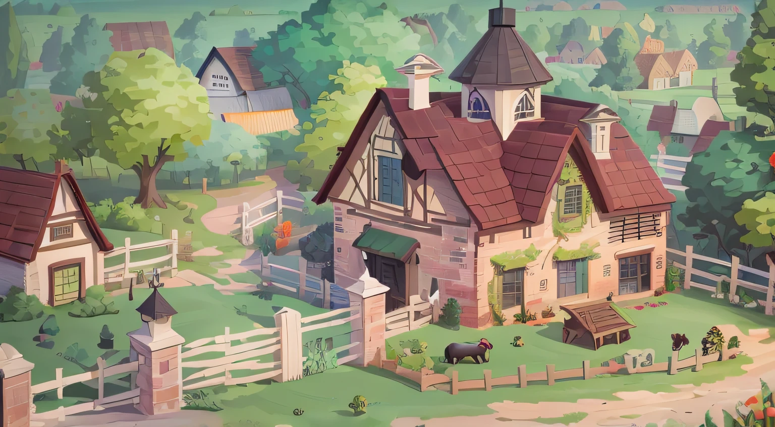 Best quality, masterpiece, cartoon, large farm building, farm fence and crops, brick walls, trees, beautiful dwelling, old design, best quality, 32k